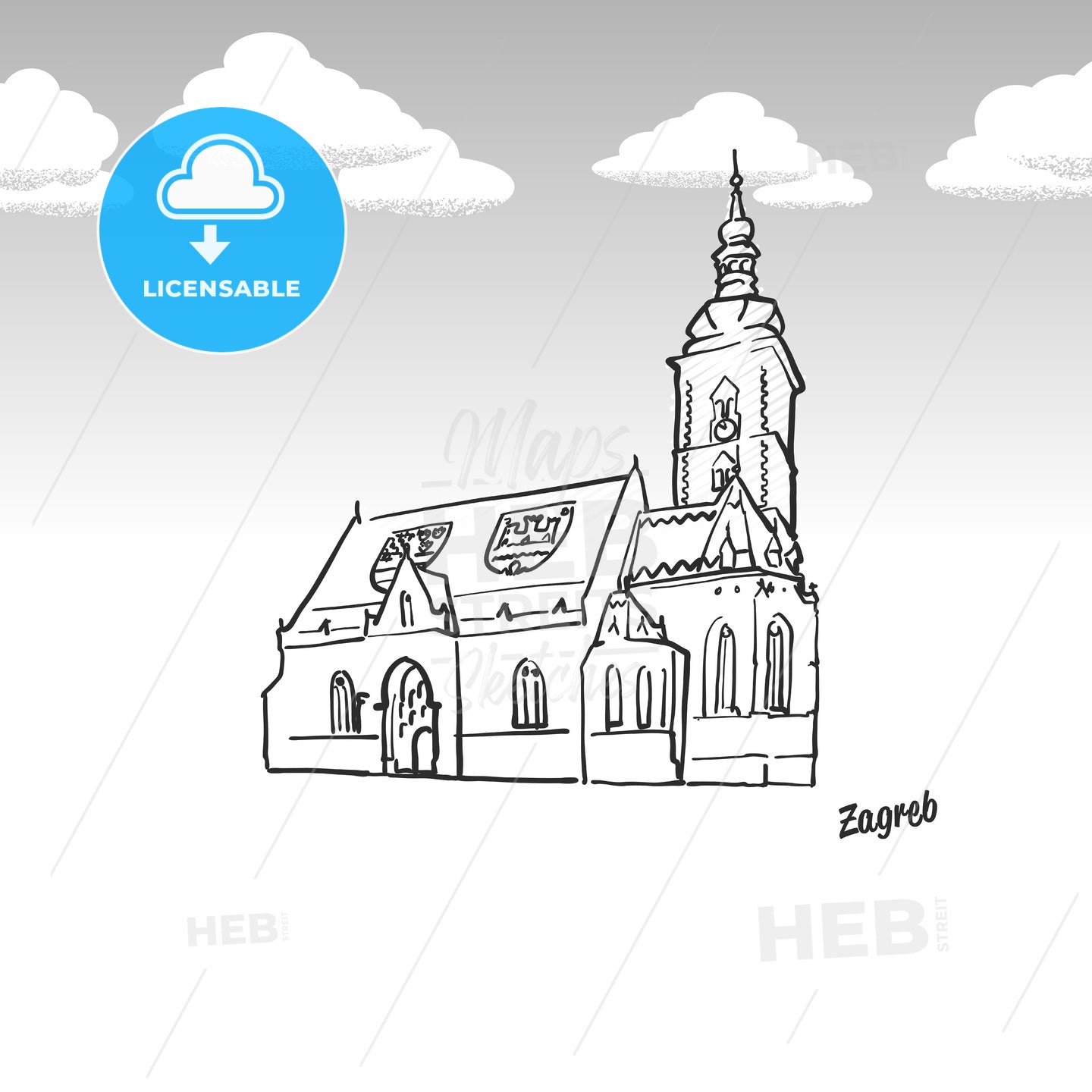 Zagreb, Croatia famous landmark sketch – instant download
