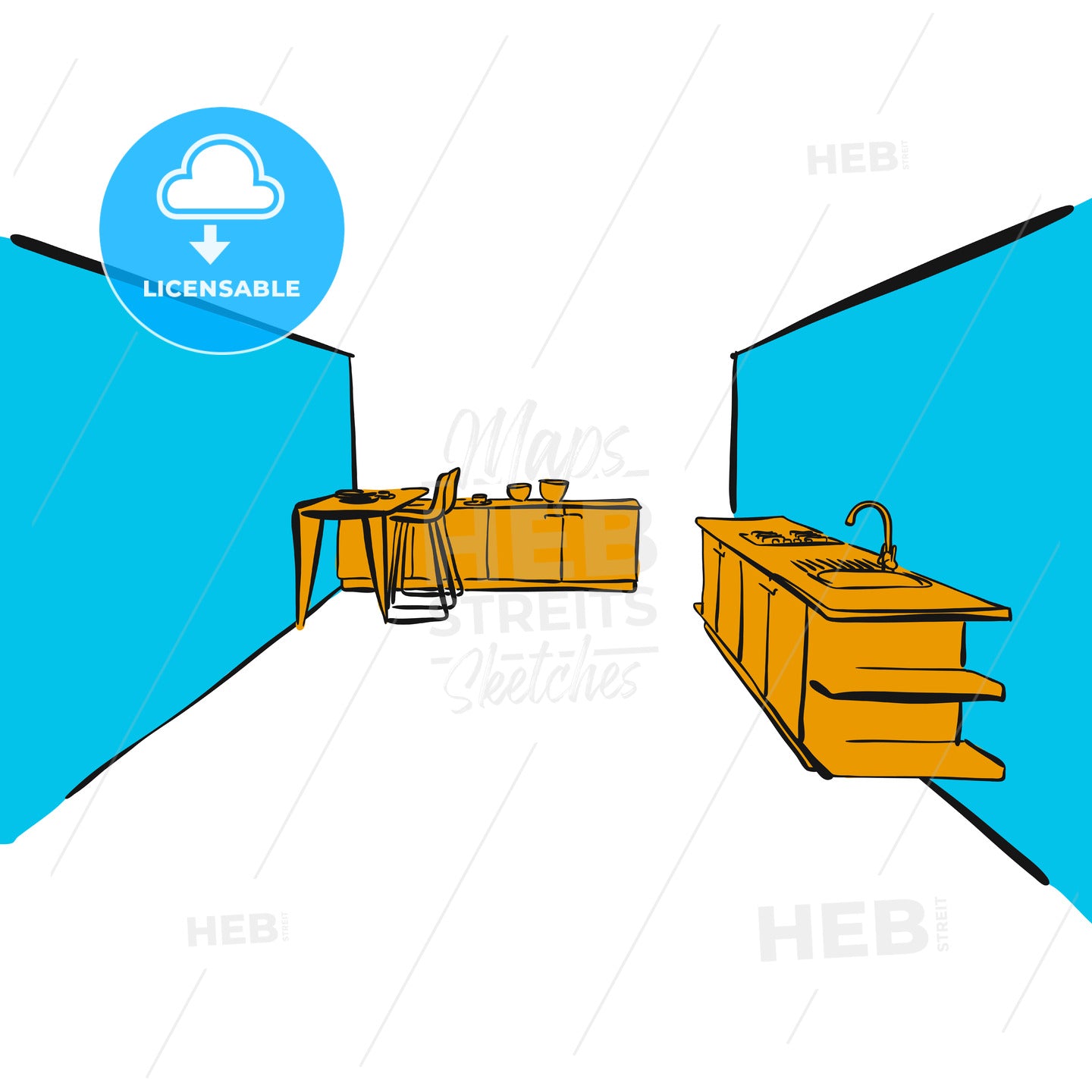 business kitchen drawing – instant download