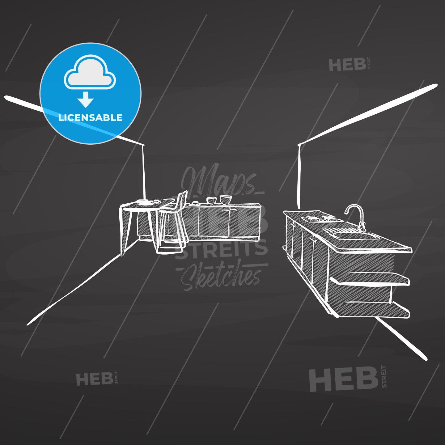 kitchen drawing on blackboard – instant download