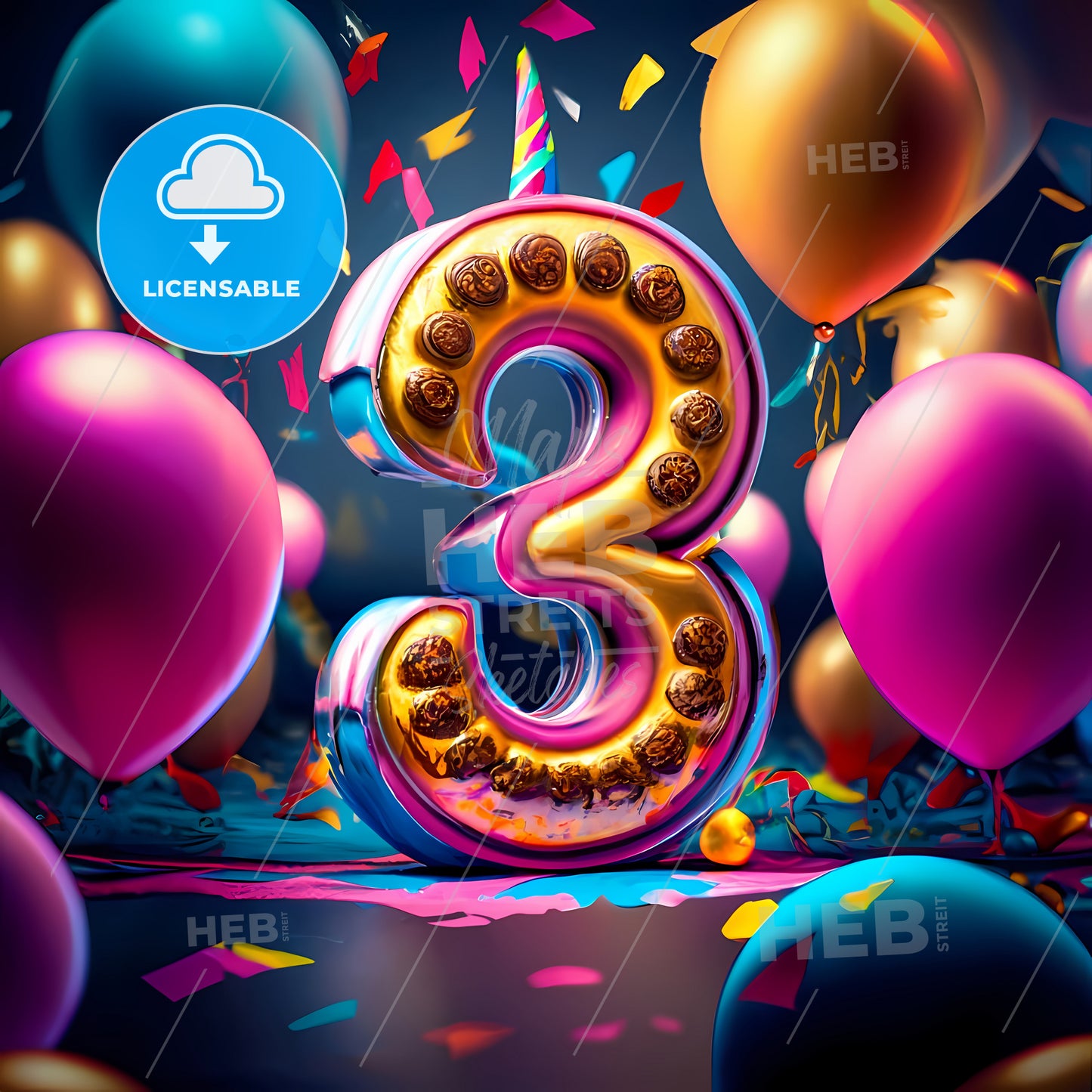 Happy 3Rd Birthday - A Number Three With Balloons And Confetti