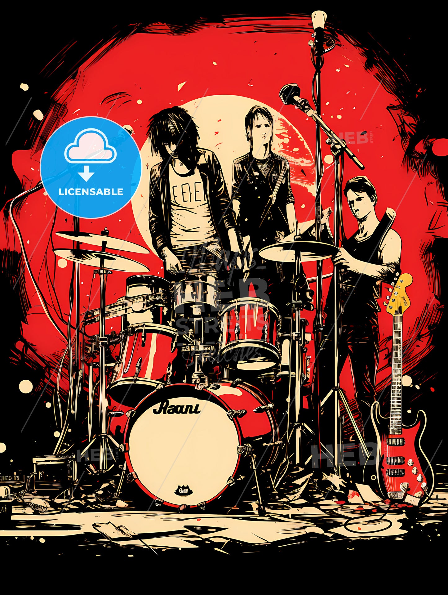 A Group Of Men Playing Drums And A Guitar