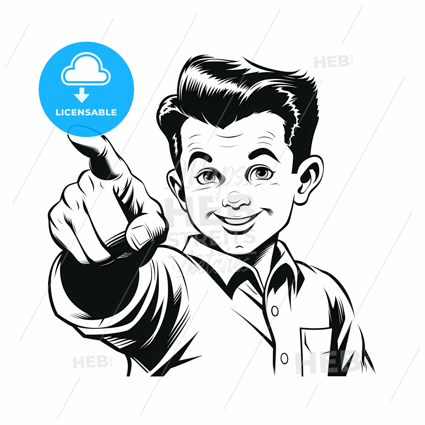 A Black And White Drawing Of A Boy Pointing