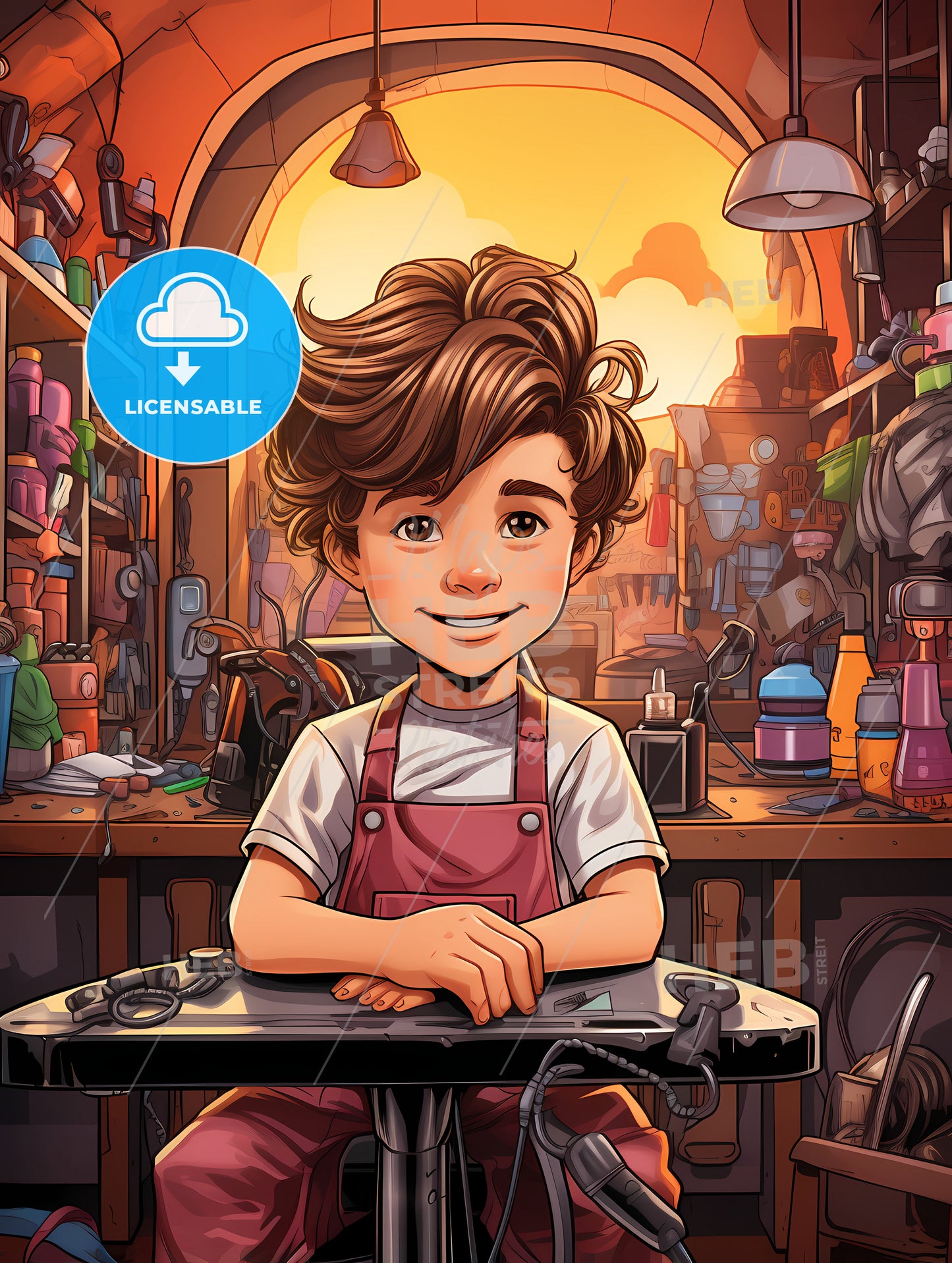 A Cartoon Of A Boy In A Workshop