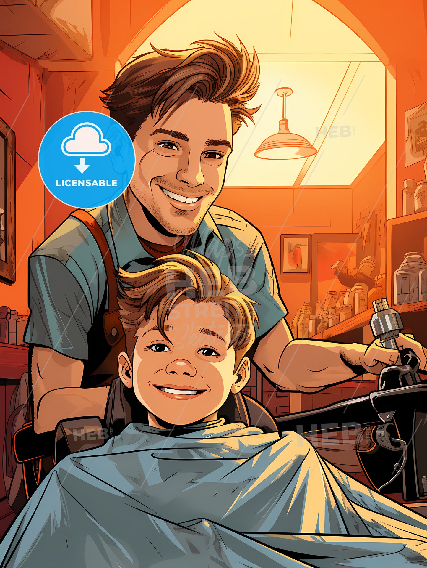 A Man And Boy Sitting In A Barber Shop