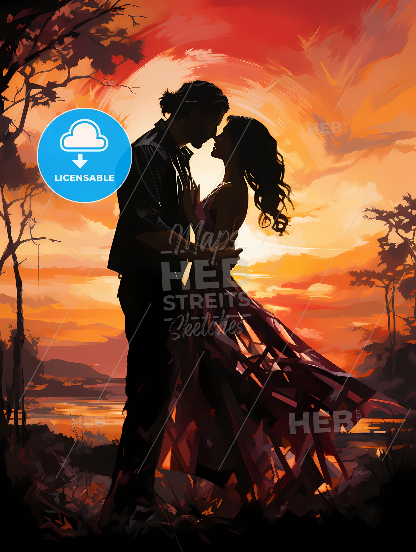 A Man And Woman Kissing In Front Of A Sunset