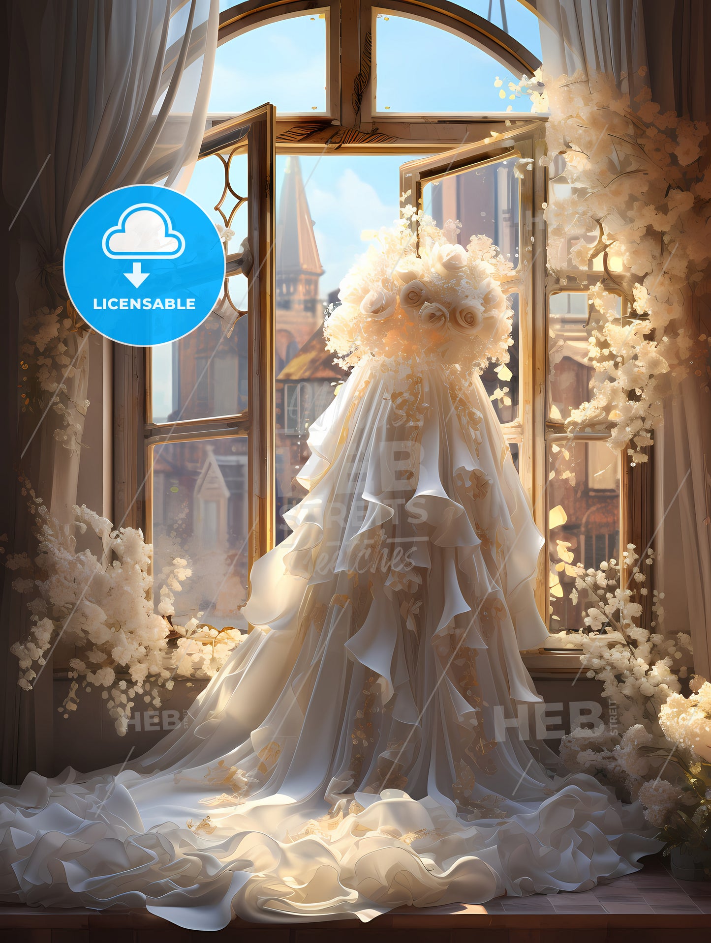 A Wedding Dress In Front Of A Window