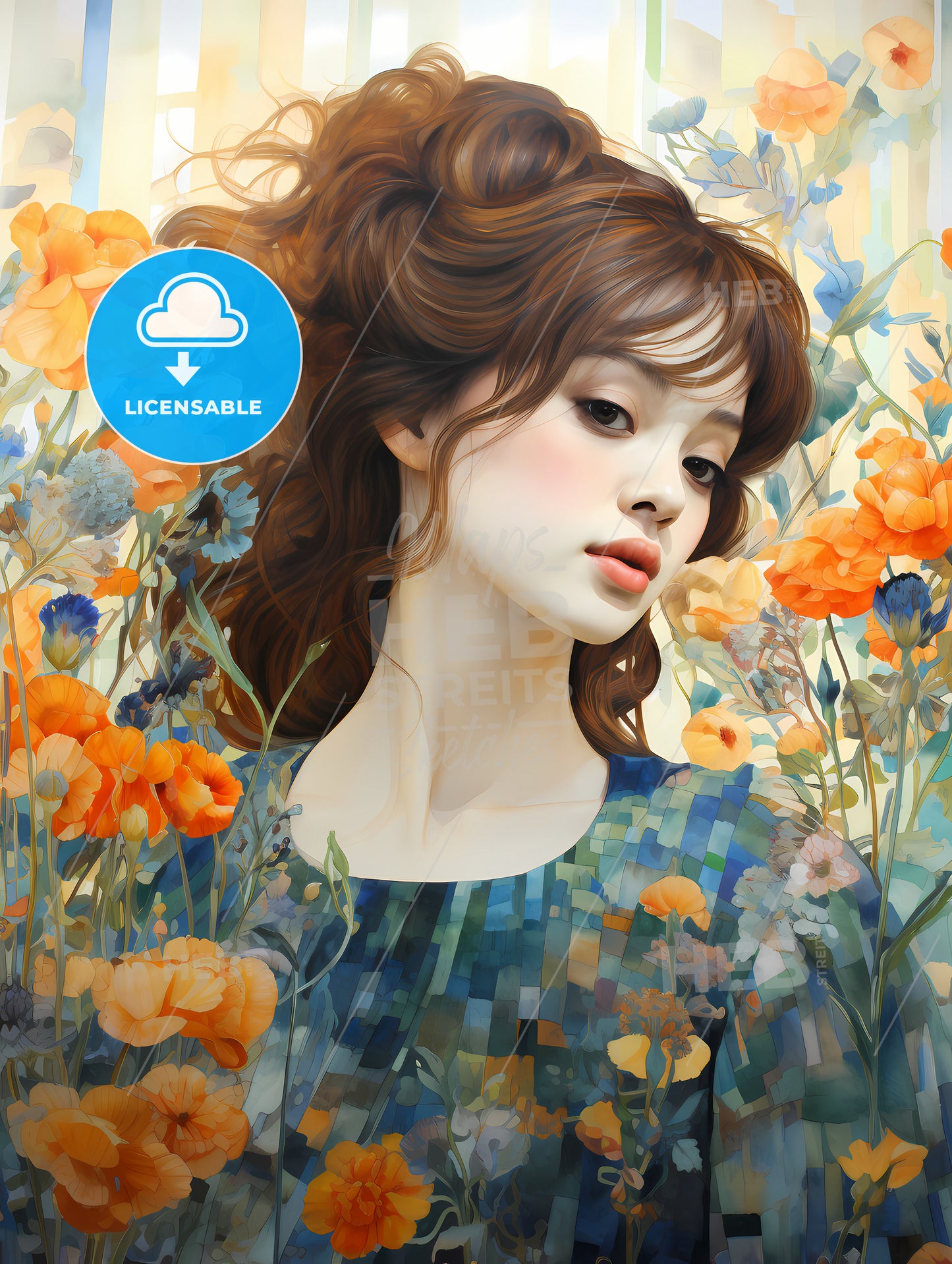 Impressive - A Woman In A Blue Dress Surrounded By Flowers