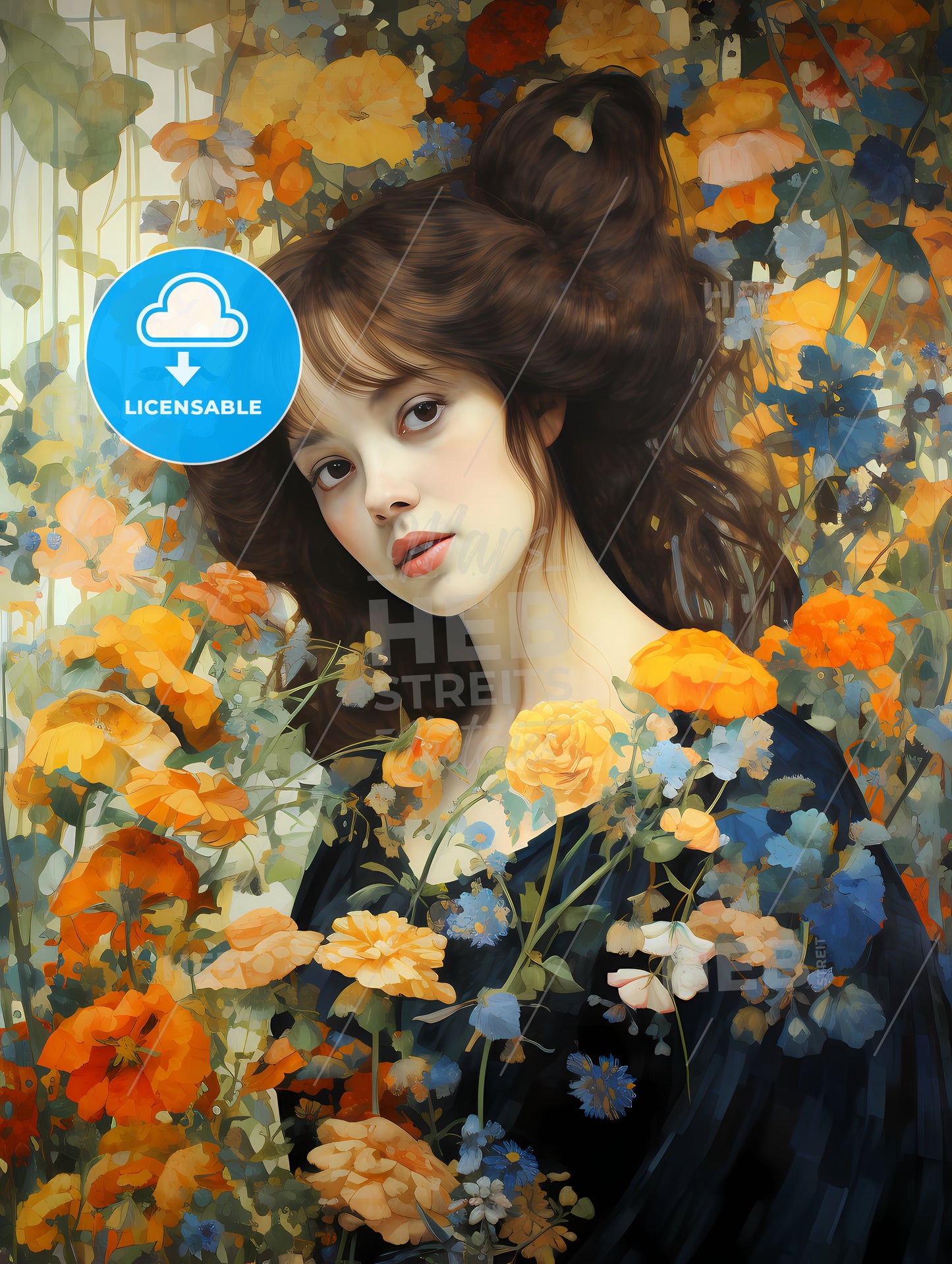 Arty - A Woman In A Black Dress Surrounded By Flowers