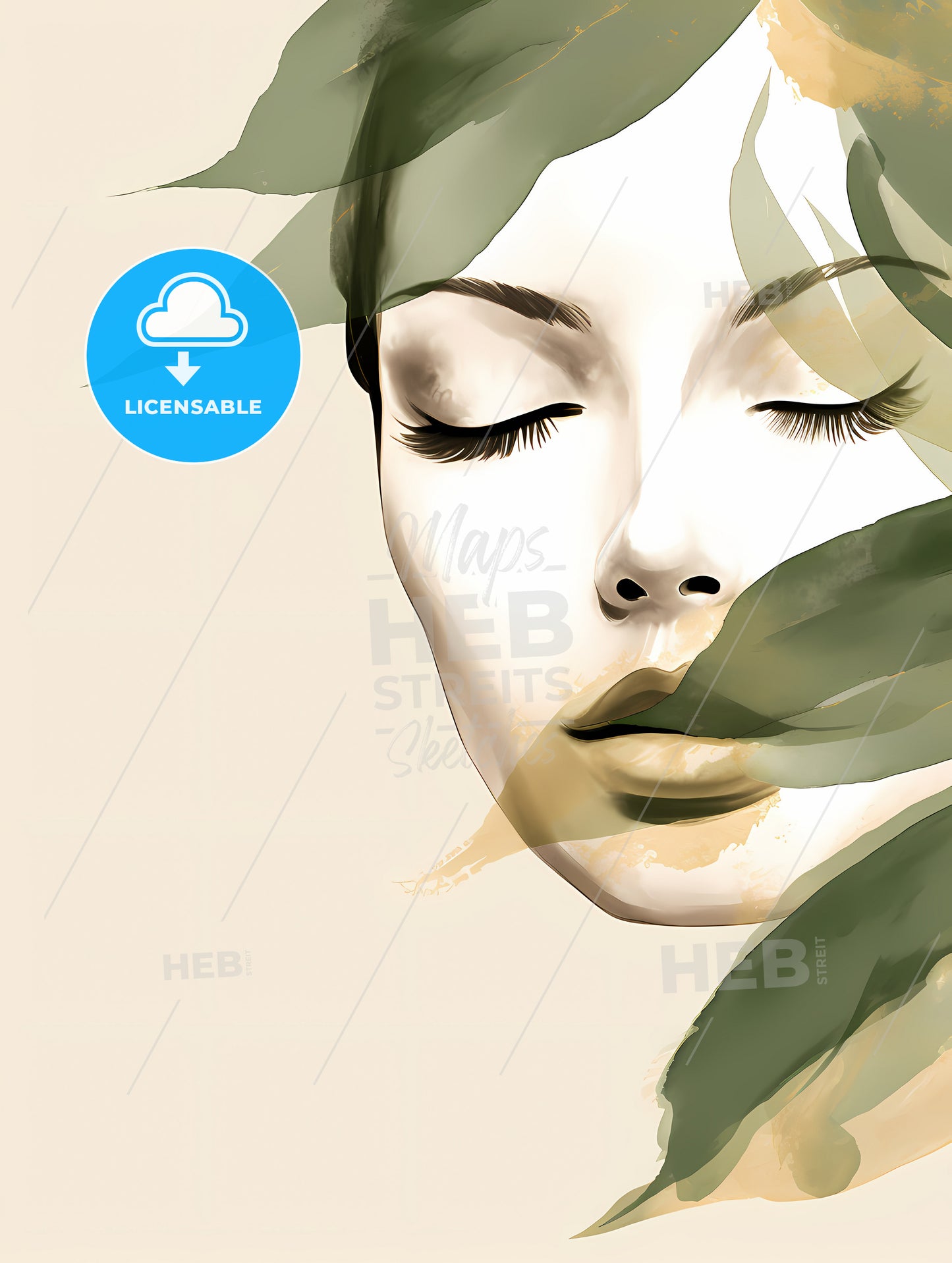 Boho - A Woman With Closed Eyes And Green Leaves Around Her Face