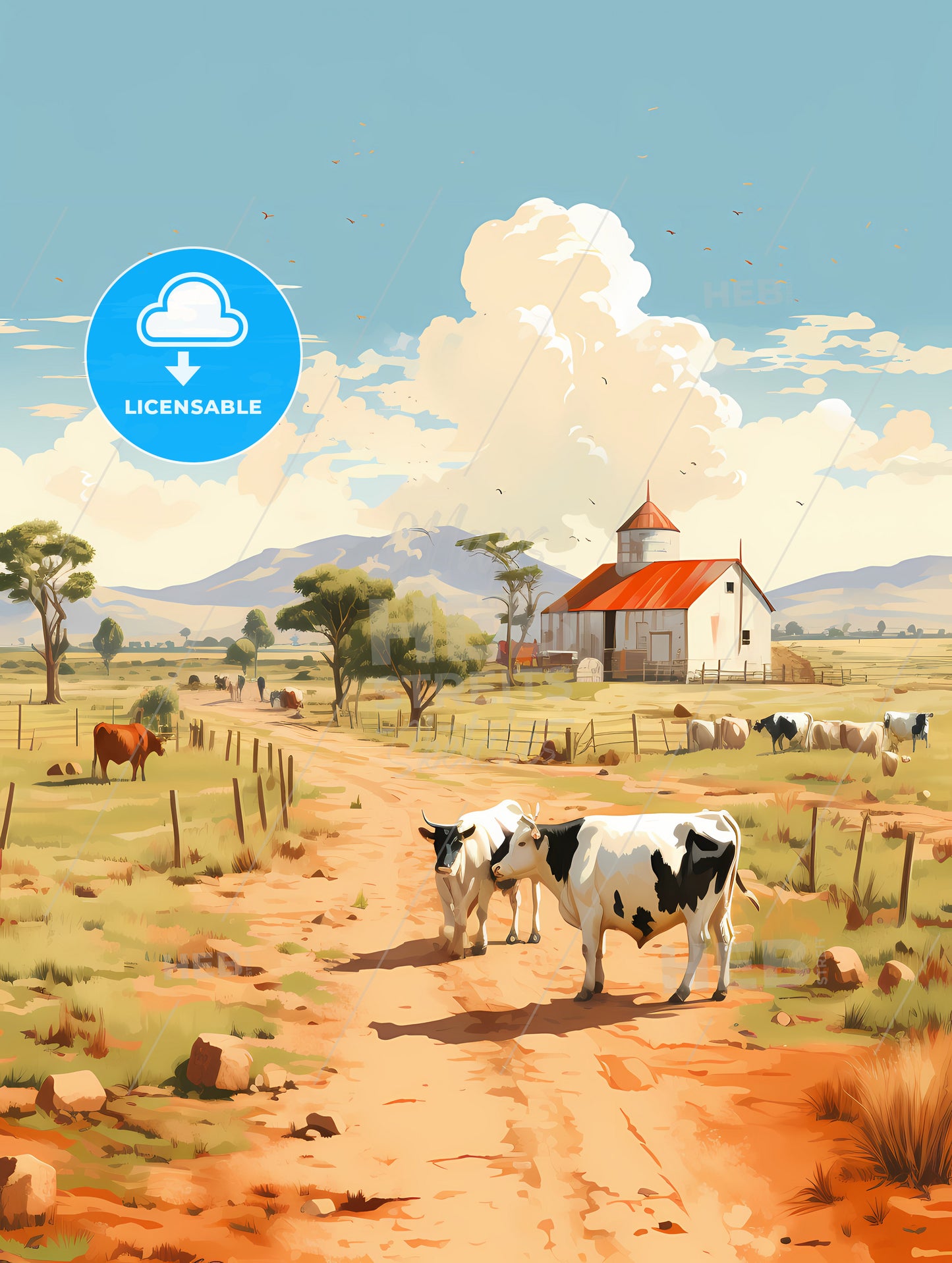 Wide Land - Cows In A Field With A Barn And A Building