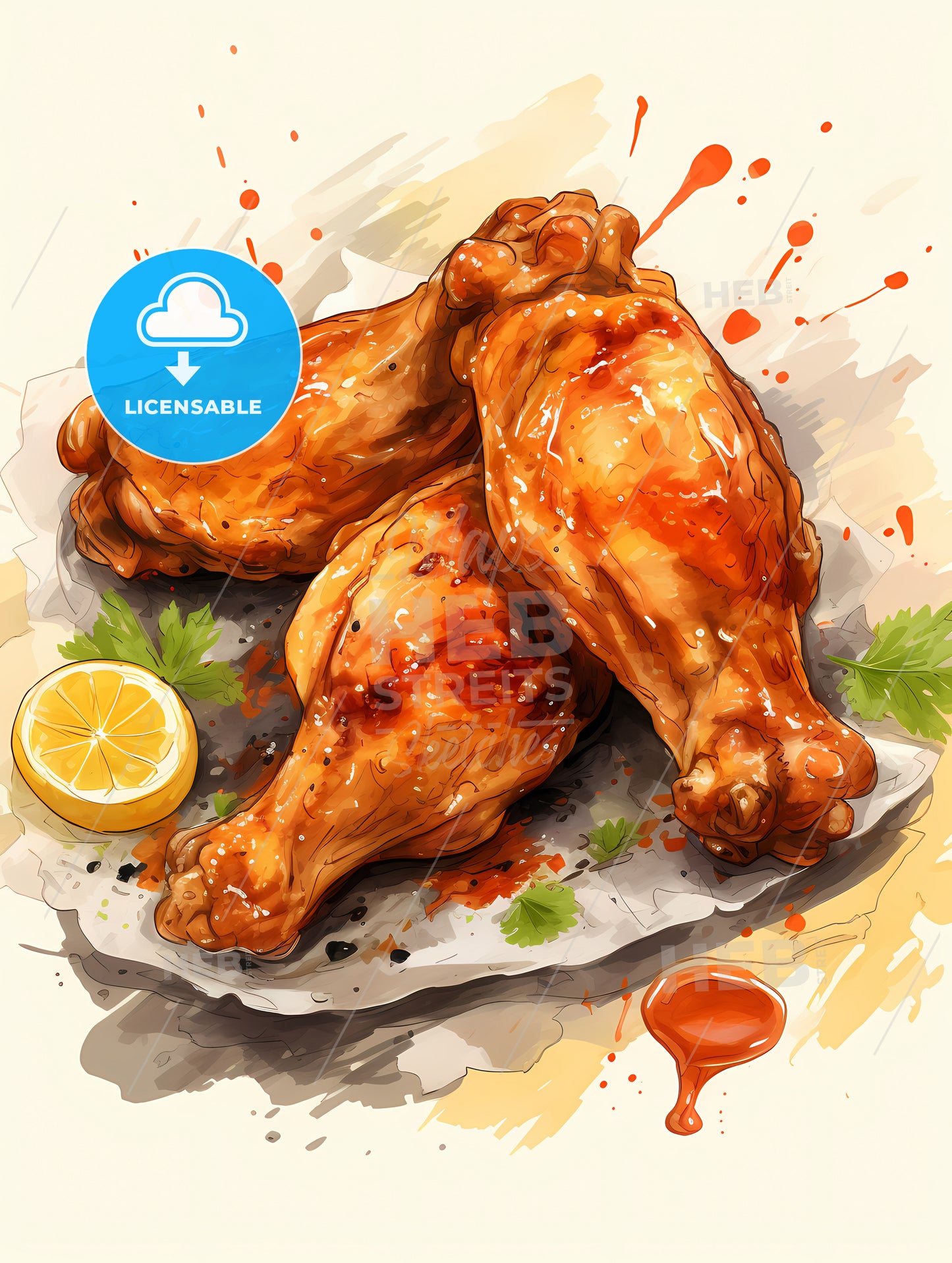 A Painting Of Chicken Legs And Lemon Slices