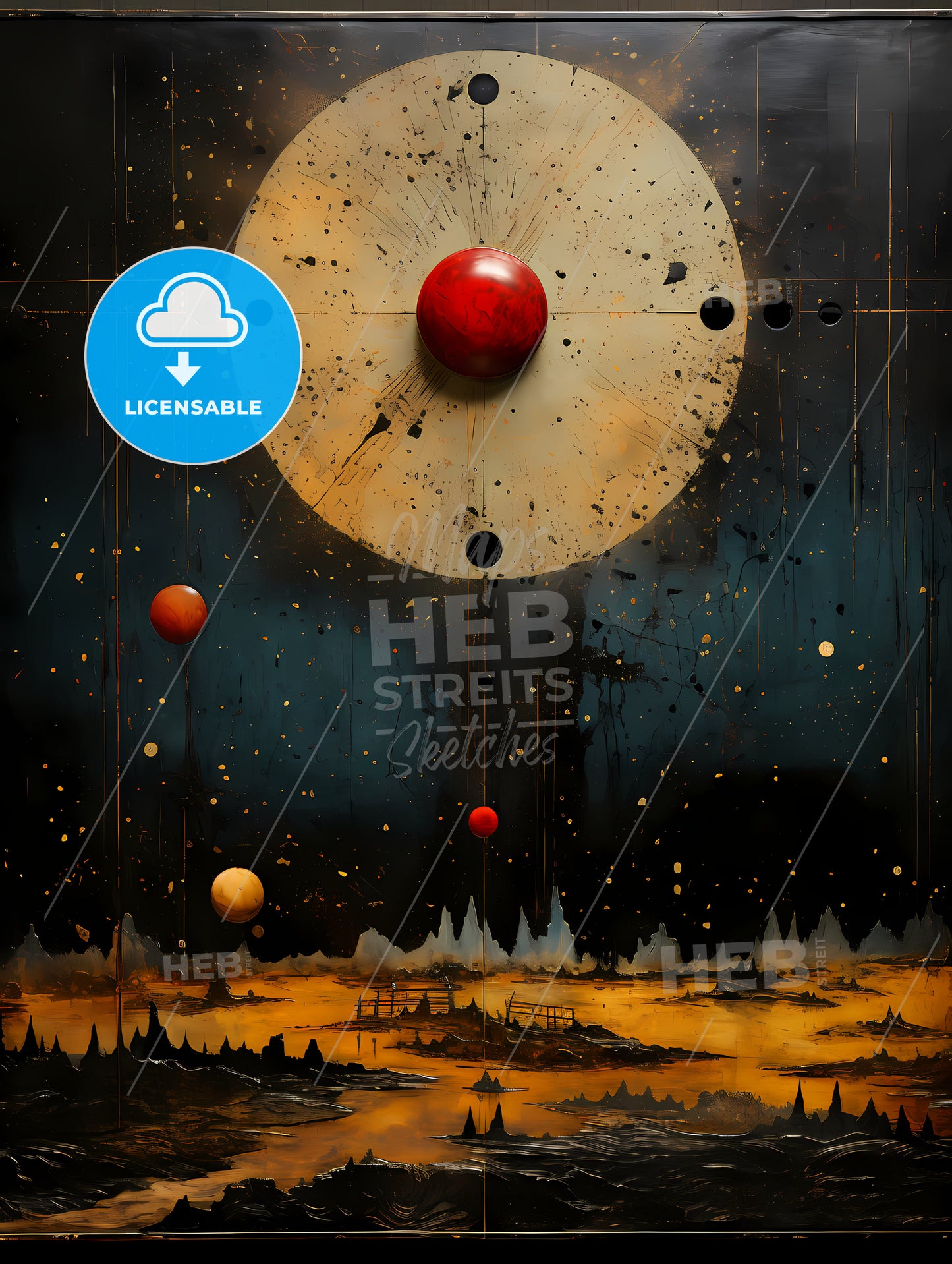 A Painting Of A Red Ball And A White Circle With A Yellow Circle And A Red Ball