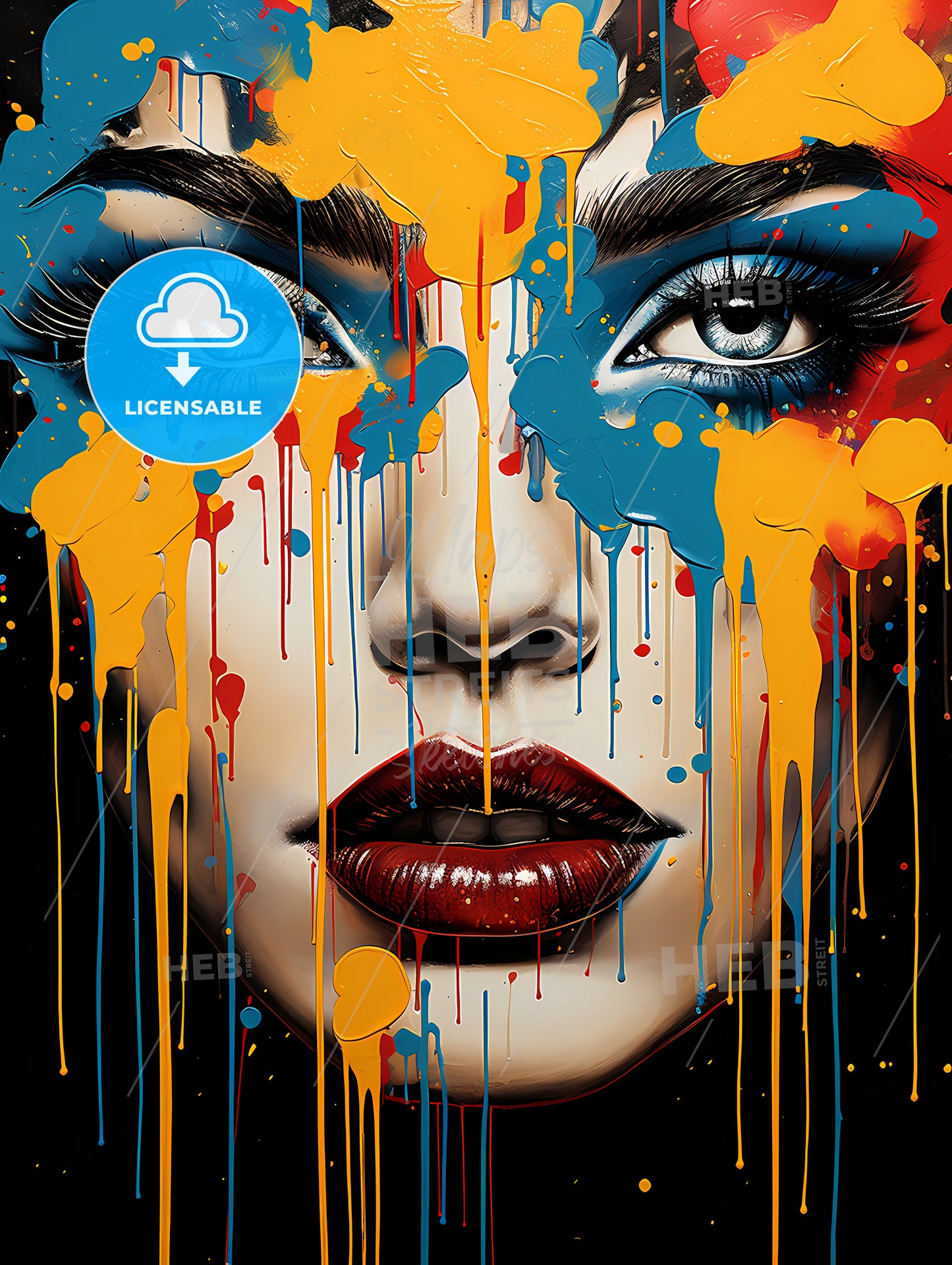 Splatter - A Woman With Colorful Makeup And Red Lipstick
