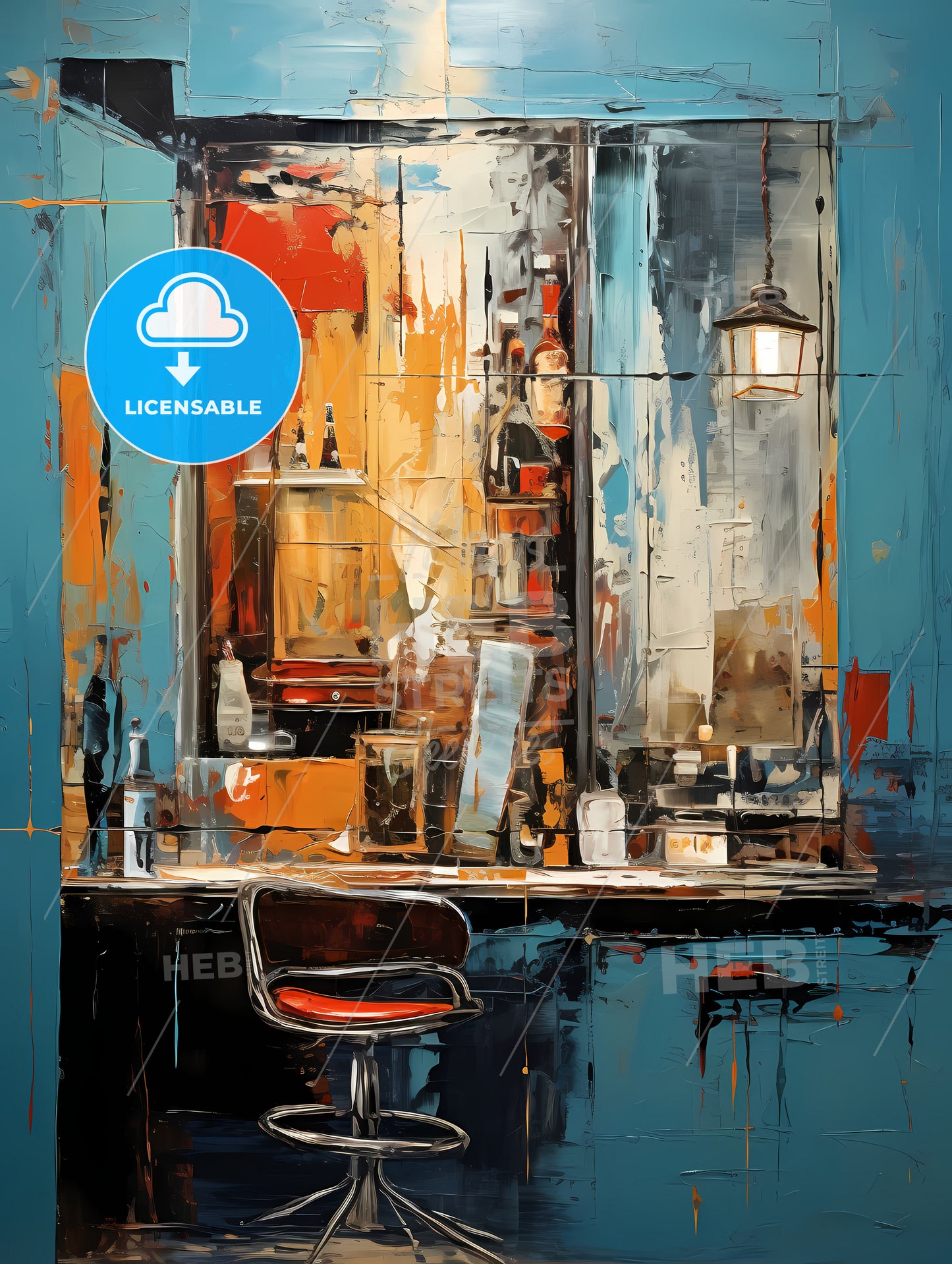 A Painting Of A Bar With A Chair And A Table