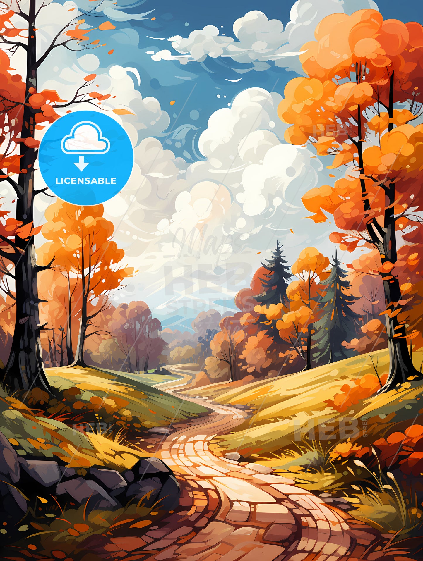 A Painting Of A Road Through A Forest