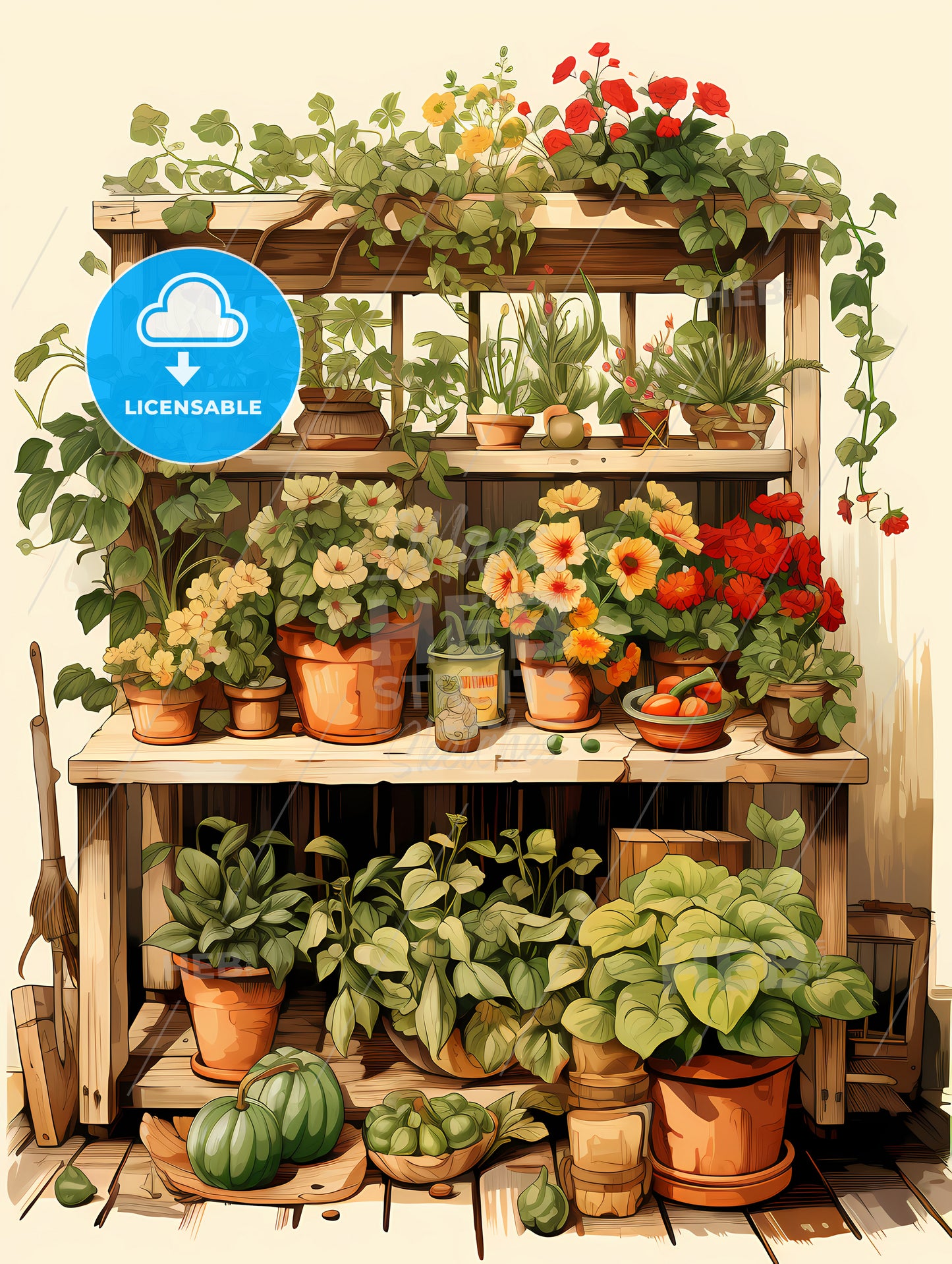 A Painting Of A Potted Plant Shelf