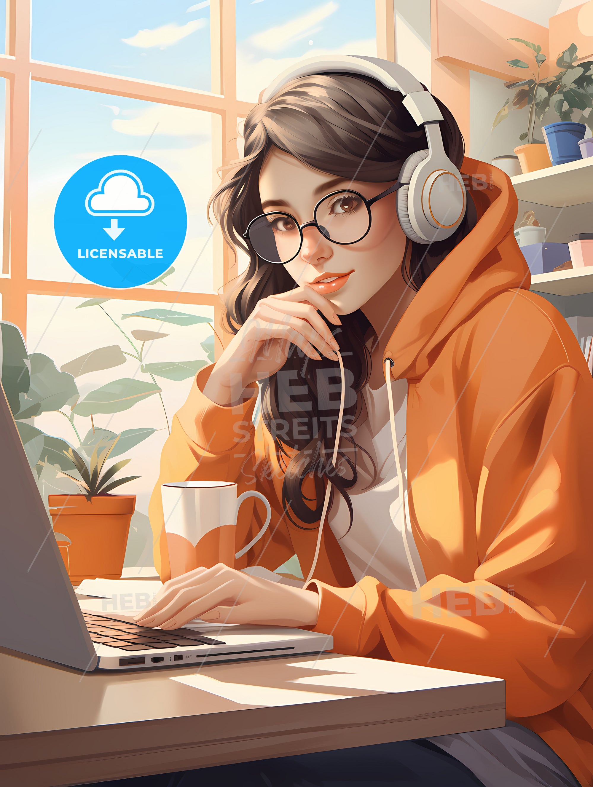 Work And Travel - A Woman Wearing Headphones And A Hoodie Sitting At A Desk  With A Laptop - HEBSTREITS