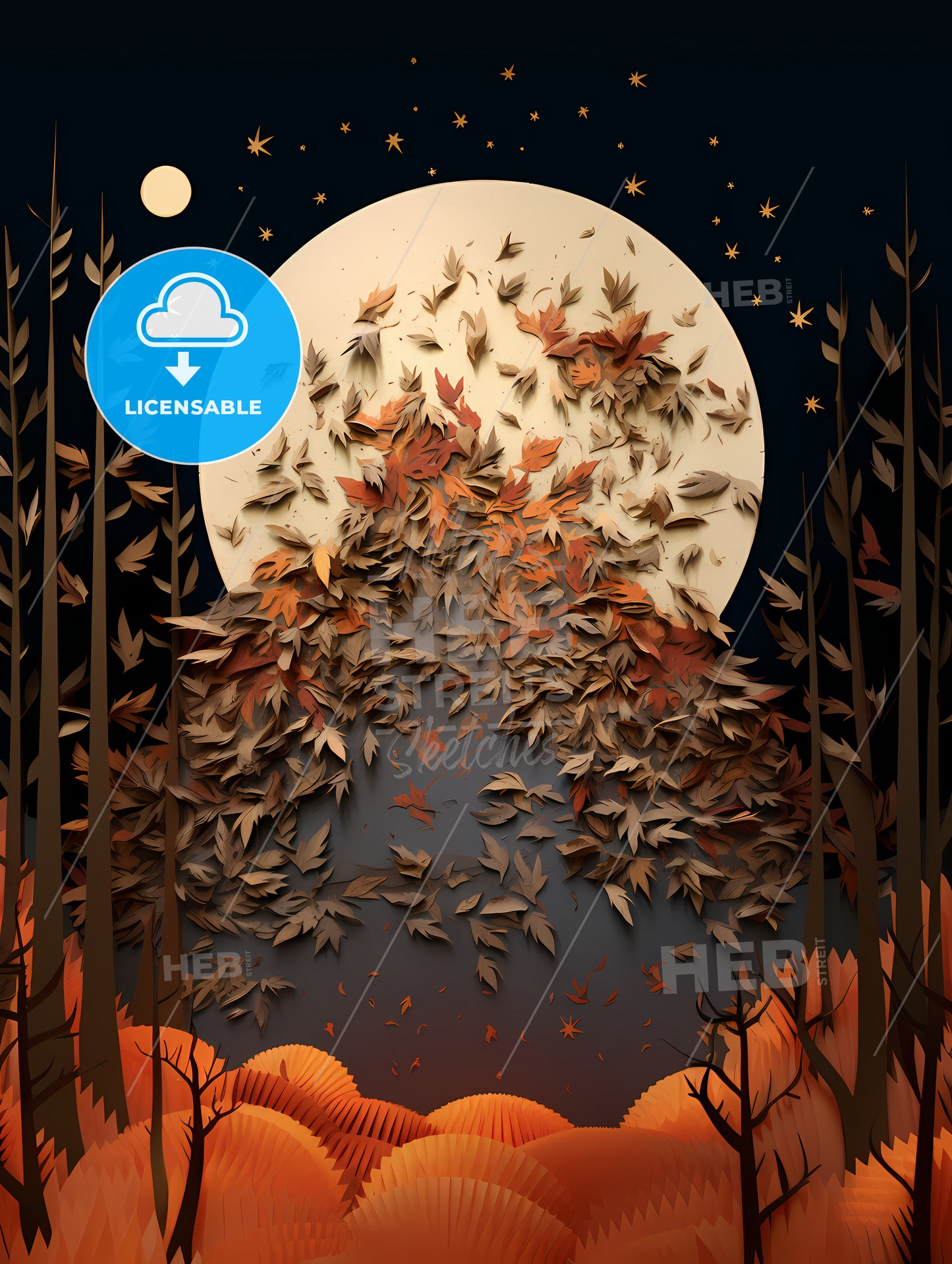 Fall - A Full Moon And Trees With Leaves