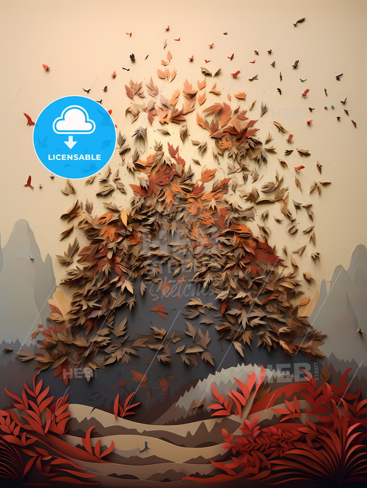 Fall - A Group Of Leaves Flying In The Air