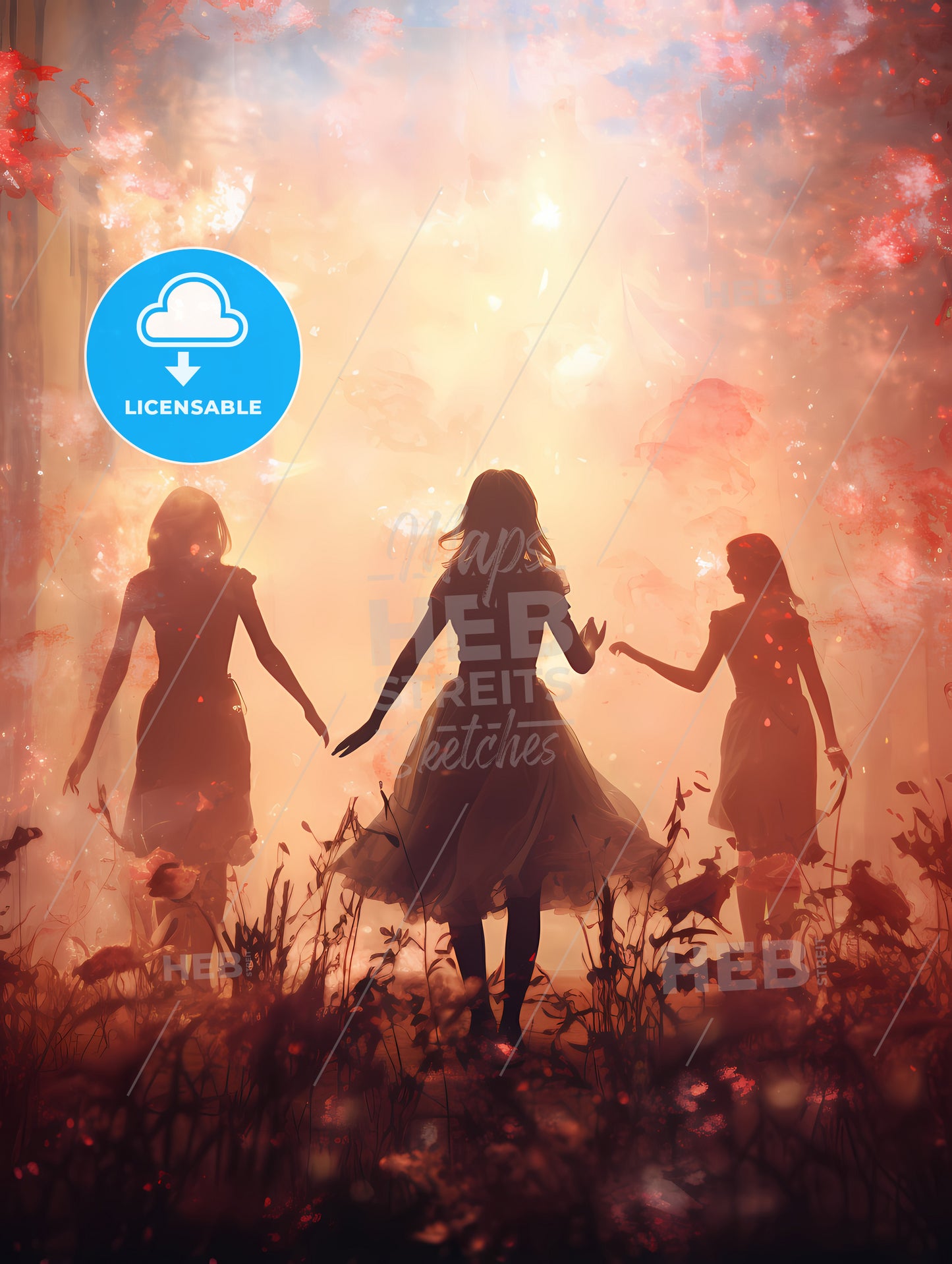 Fall - A Group Of Women Walking In A Field Of Flowers