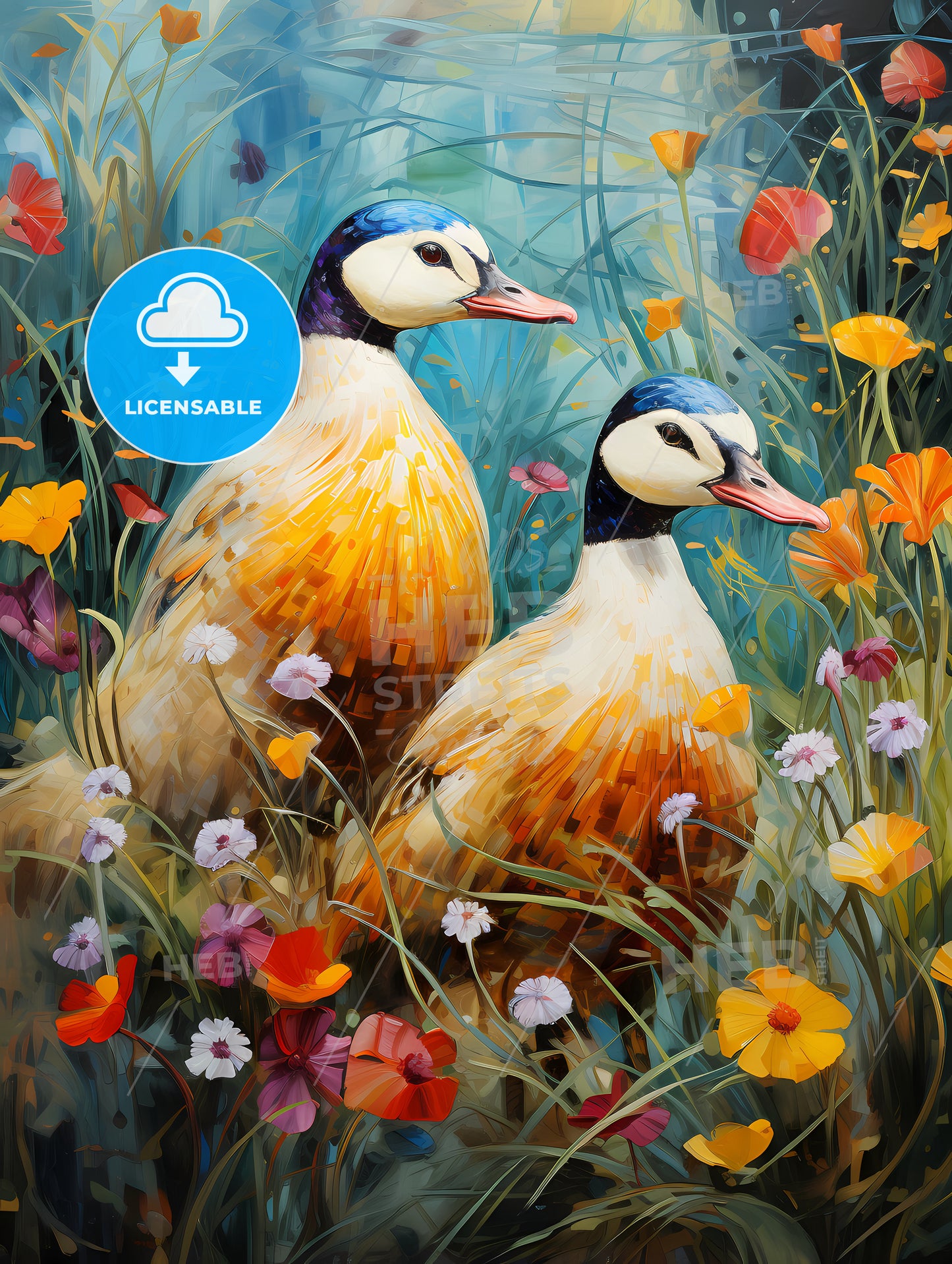 A Couple Of Ducks In A Field Of Flowers