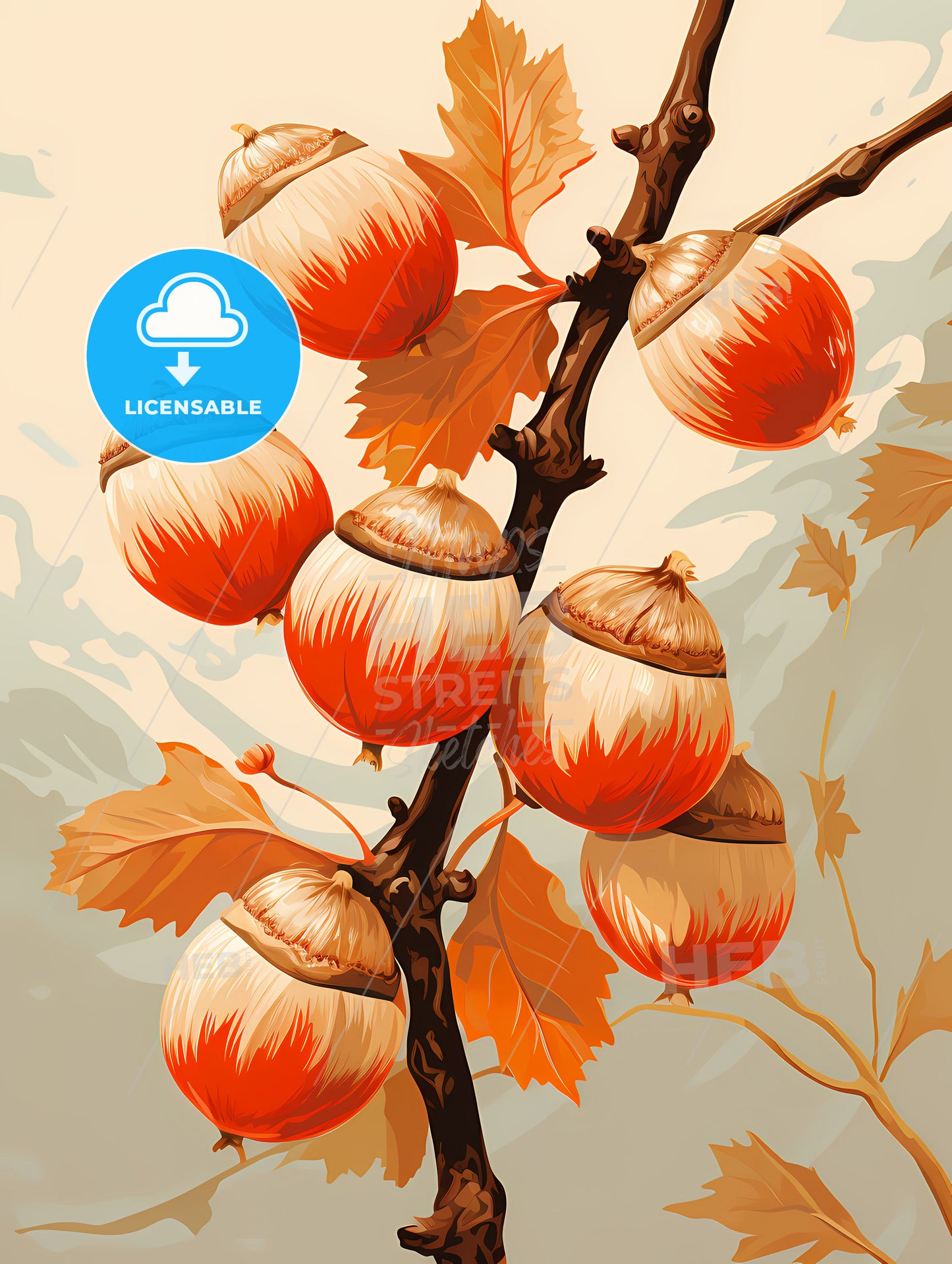 A Branch With Orange And White Acorns