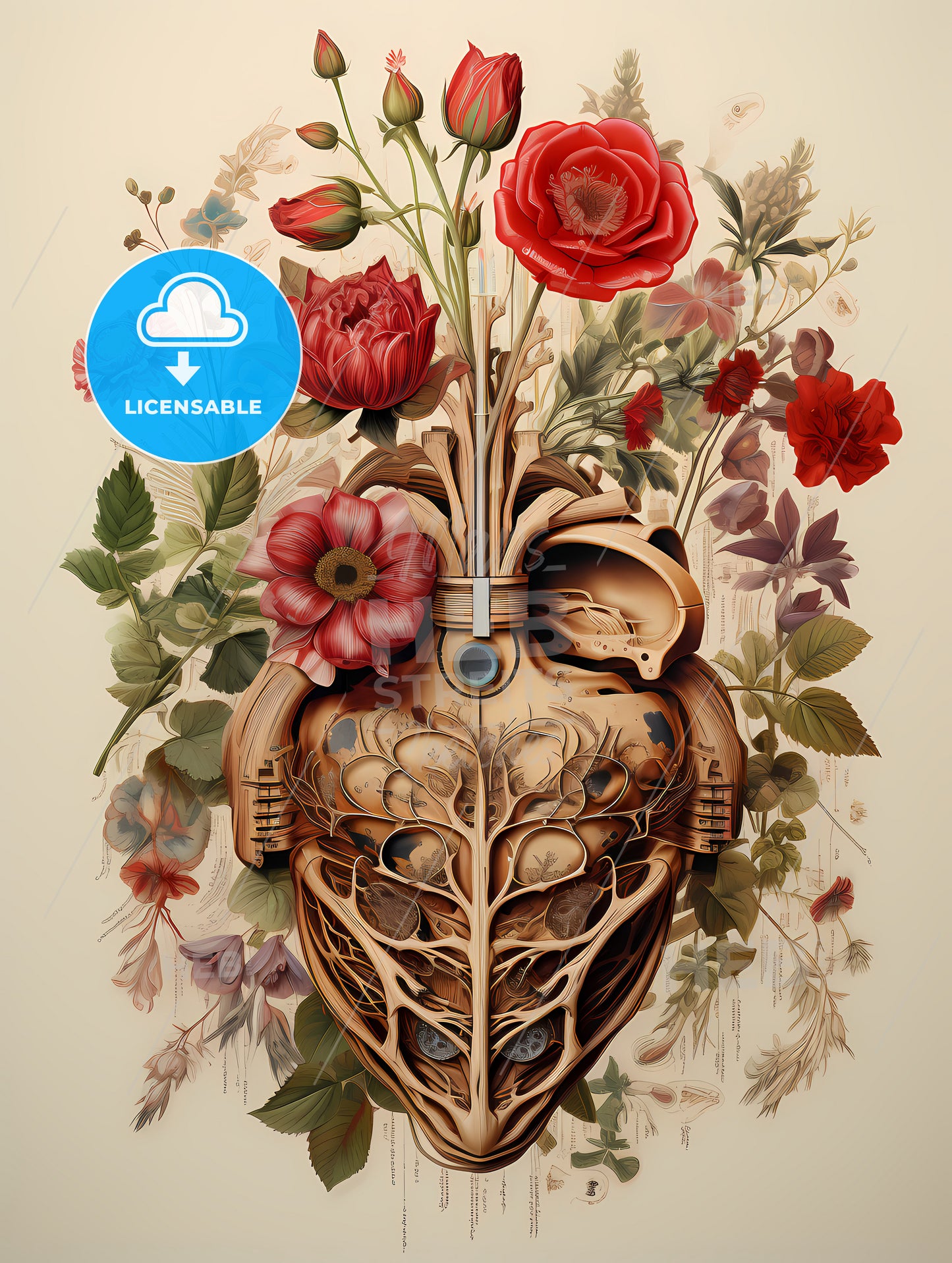 A Artwork Of A Human Heart With Flowers