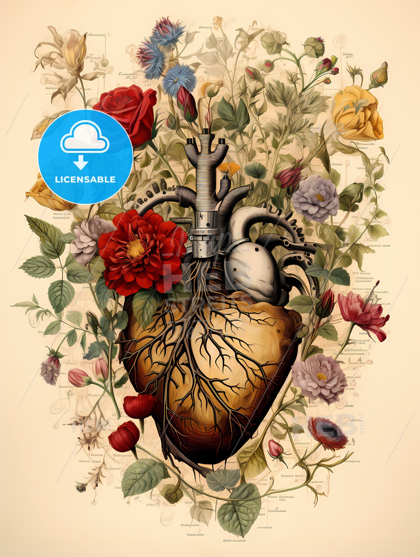 A Drawing Of A Human Heart Surrounded By Flowers