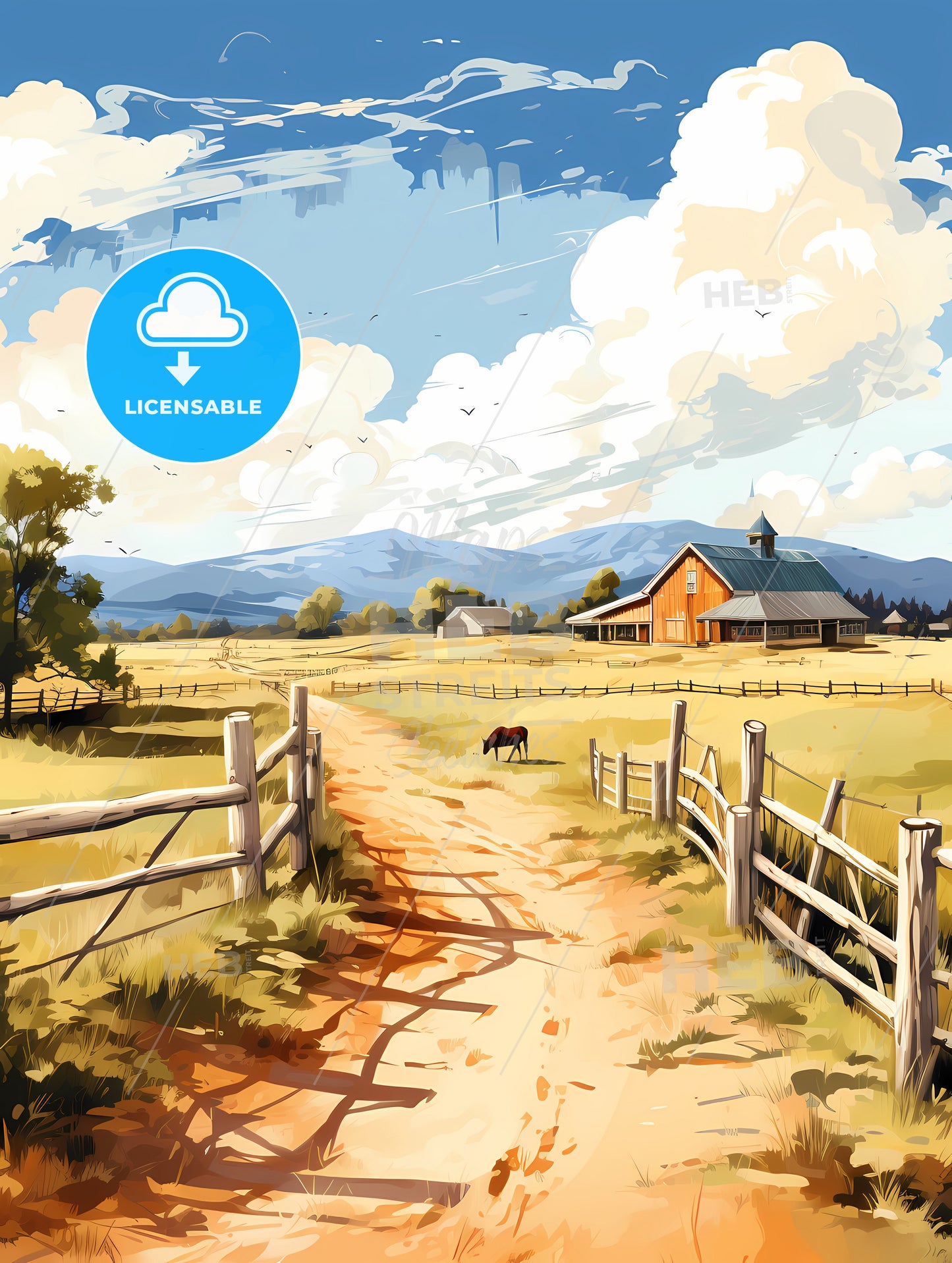 A Horse Walking On A Dirt Road In A Farm