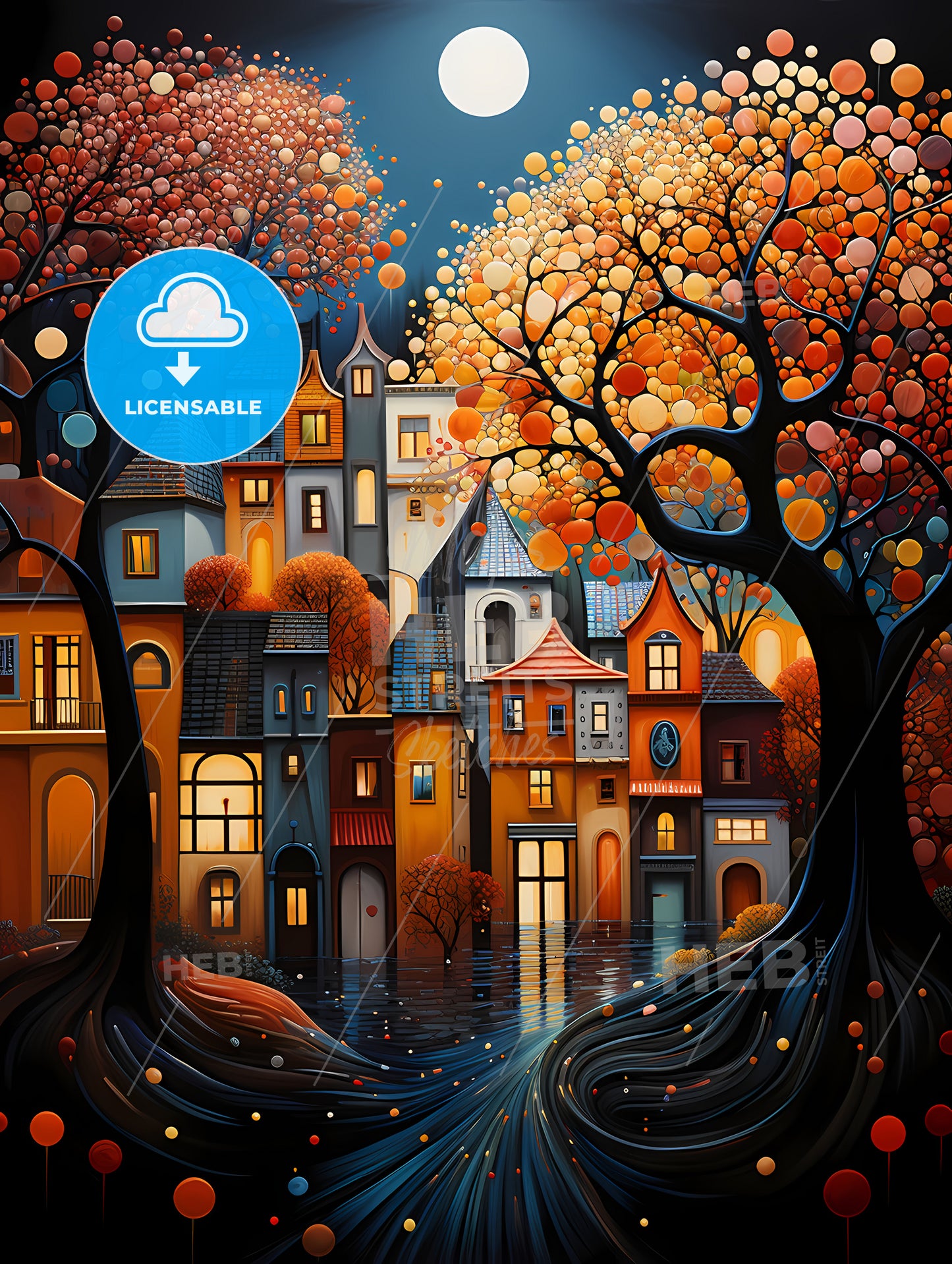 Autumn - A Painting Of A Town With Trees And Water