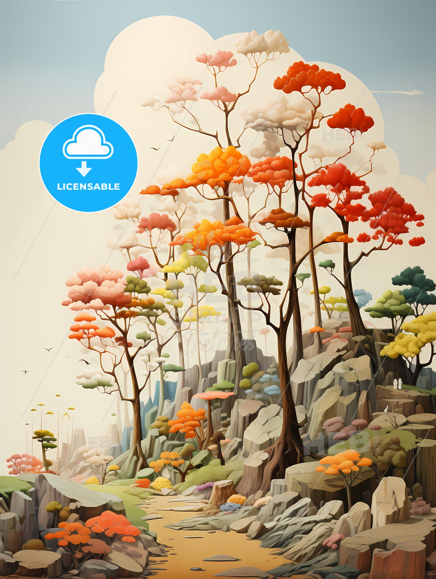 A Painting Of Trees On A Rocky Hill