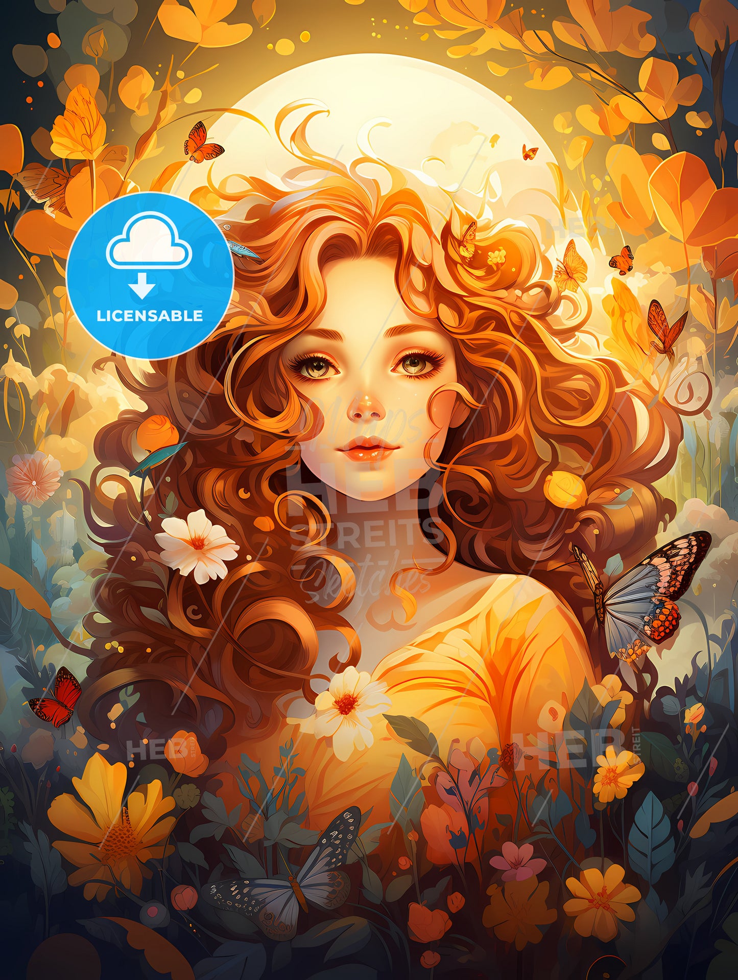 A Woman With Long Red Hair And Butterflies