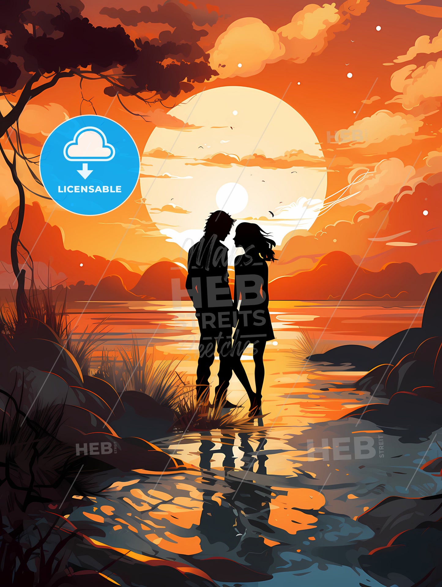 More Than Friends - A Couple Standing In Water With A Sunset Behind Them