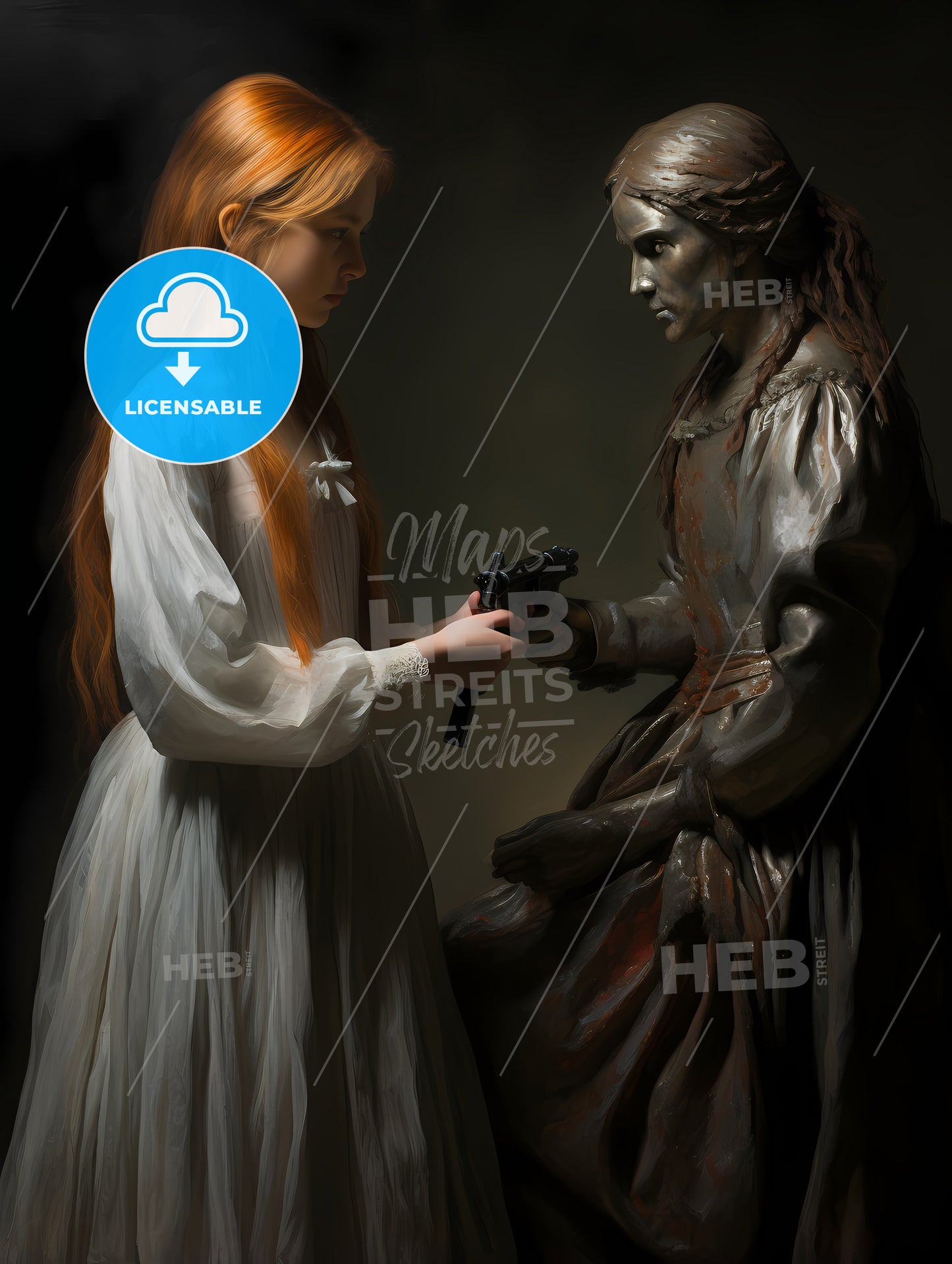 The Revolution - A Woman Holding A Gun Next To A Statue