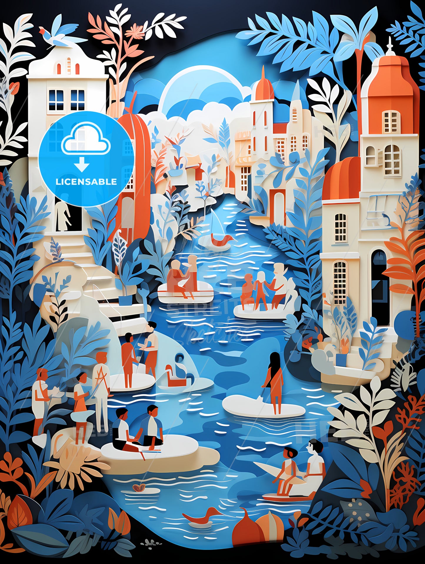 Modern Art - A Paper Cut Out Of A River With People On Paddle Boards