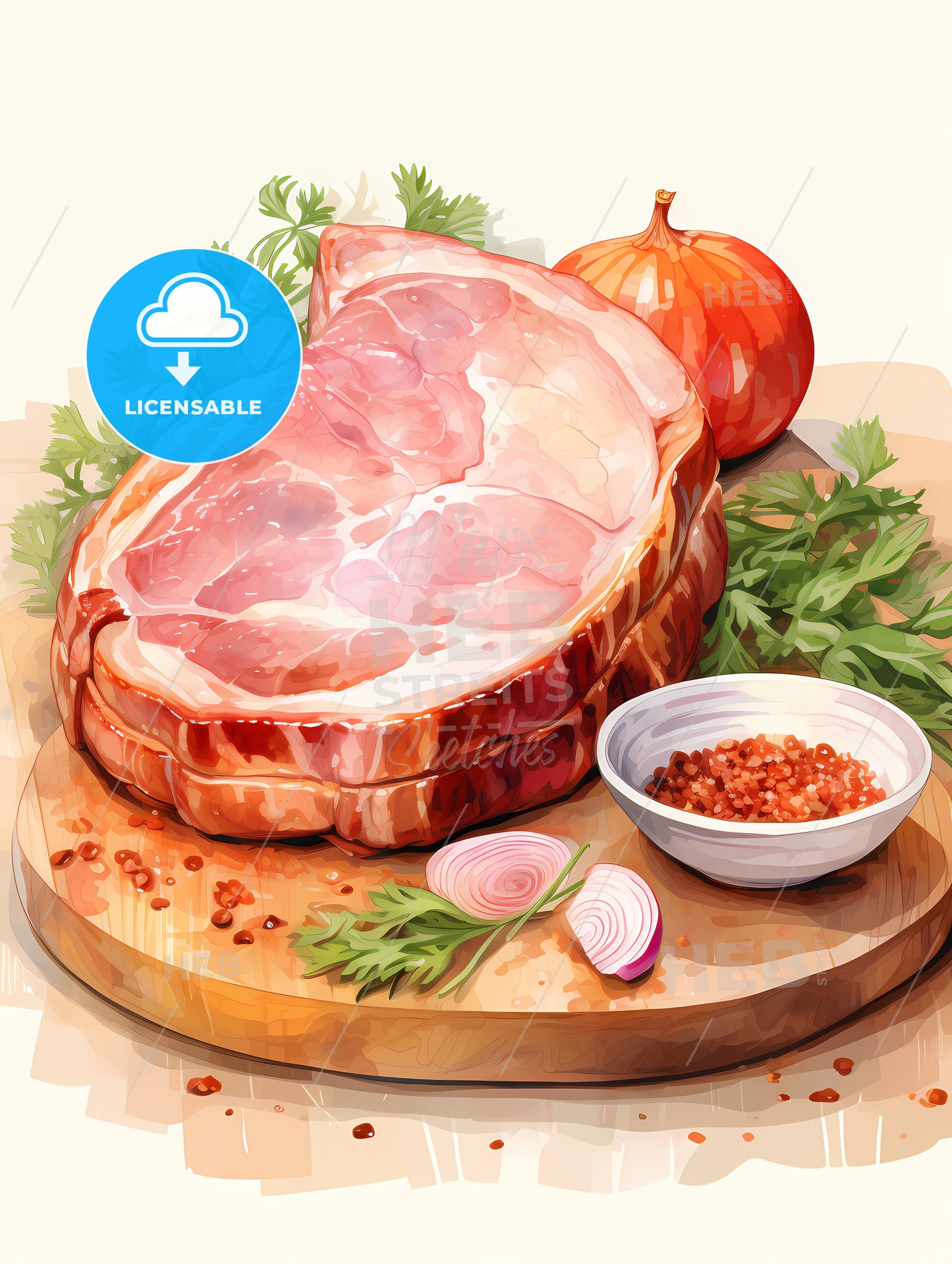 Pork - A Piece Of Meat With Spices And Herbs On A Cutting Board