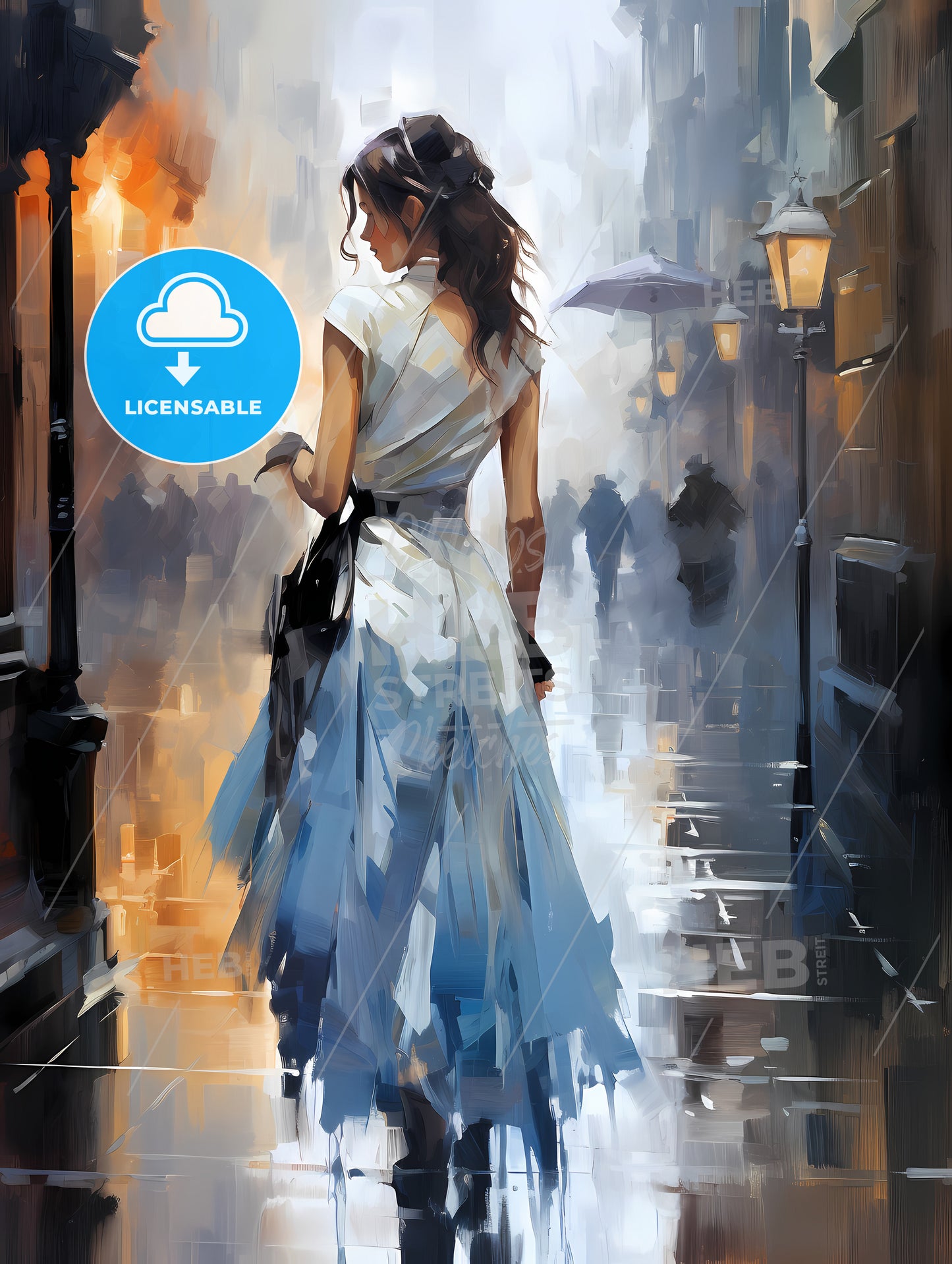 Urban Art - A Woman In A Dress Walking Down A Street