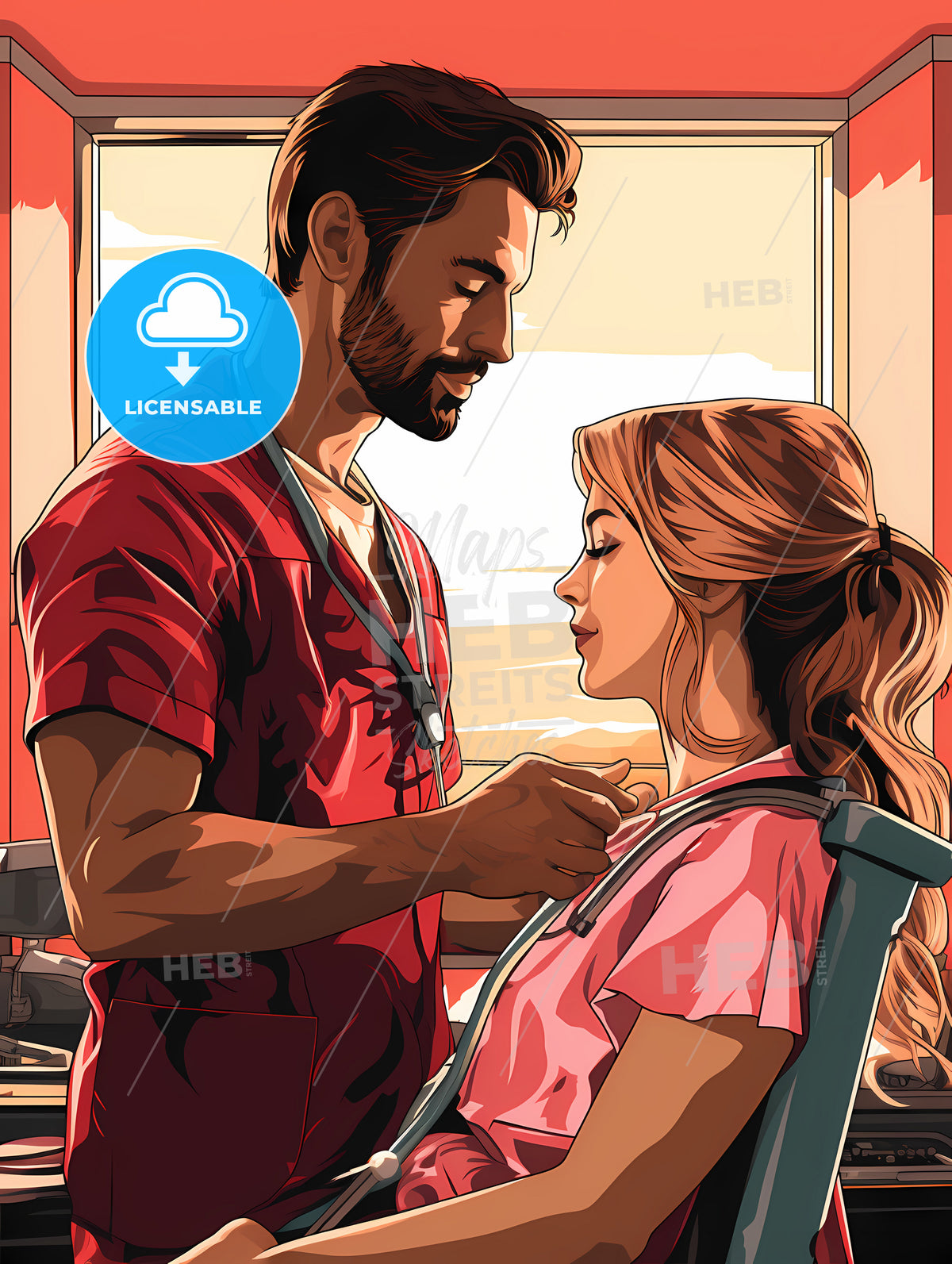 A Man In A Red Scrubs Holding A Woman'S Neck