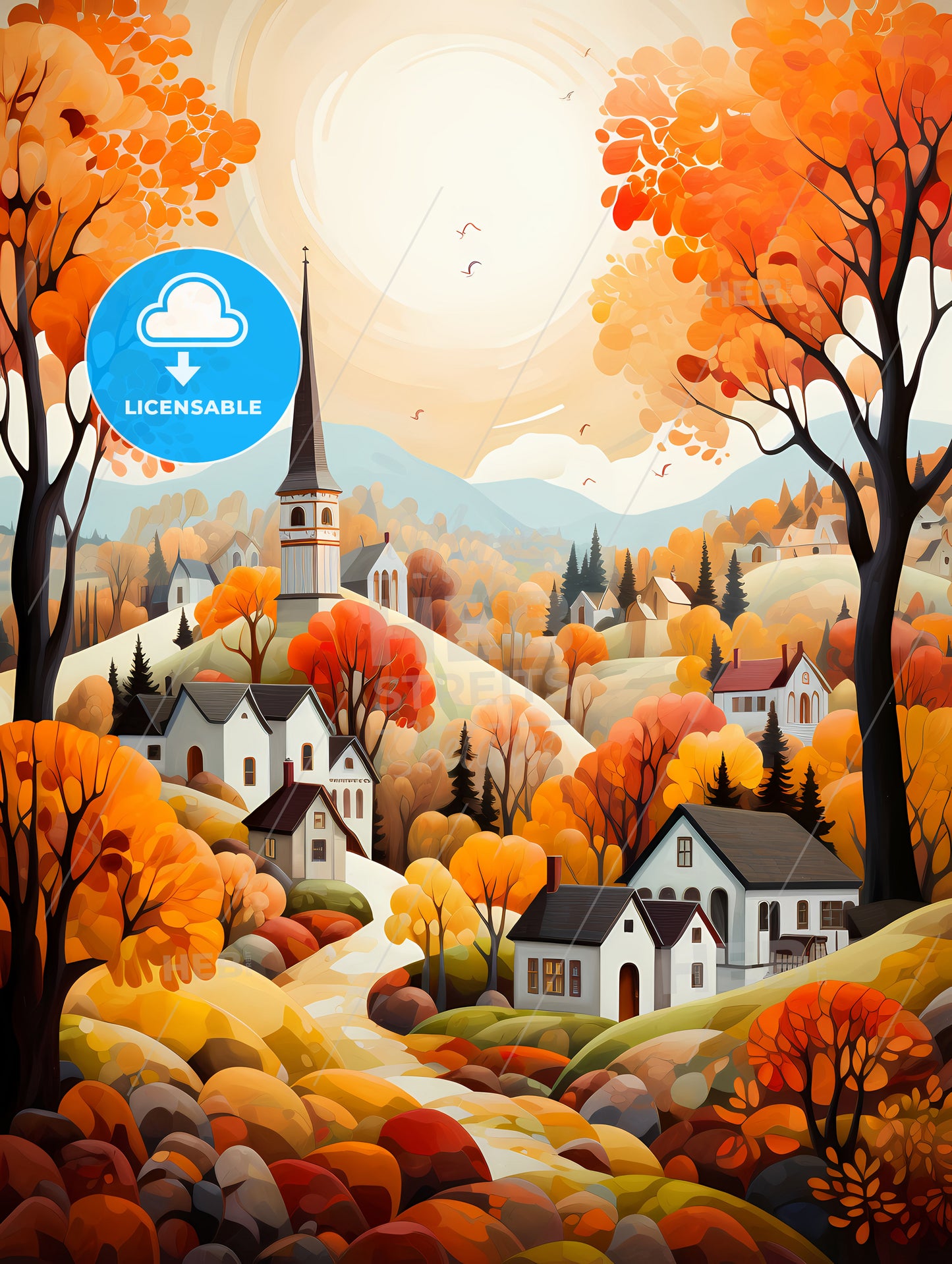 French Autumn - A Painting Of A Village With Trees And A Church