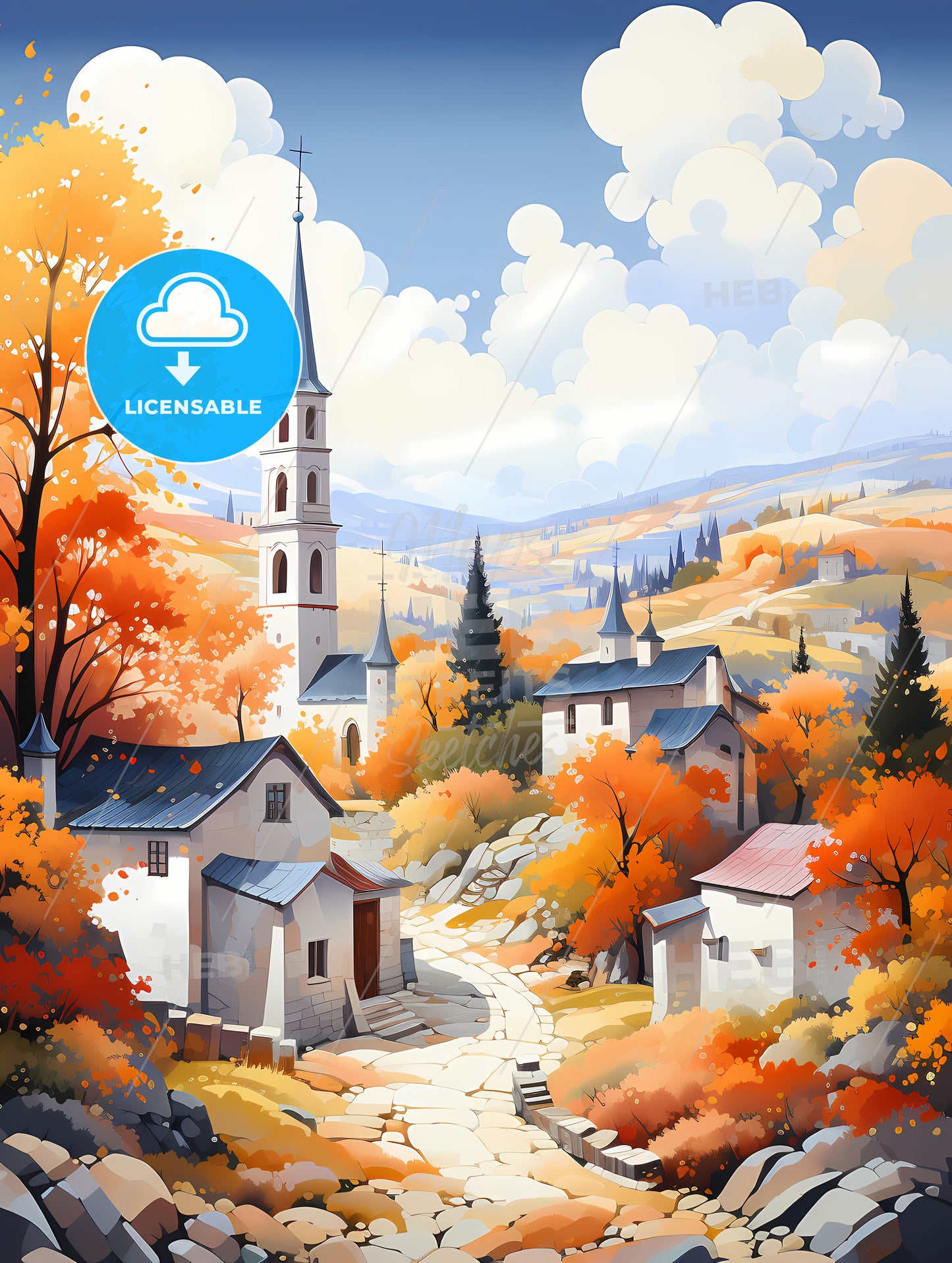 French Autumn - A Painting Of A Village With Trees And A Church