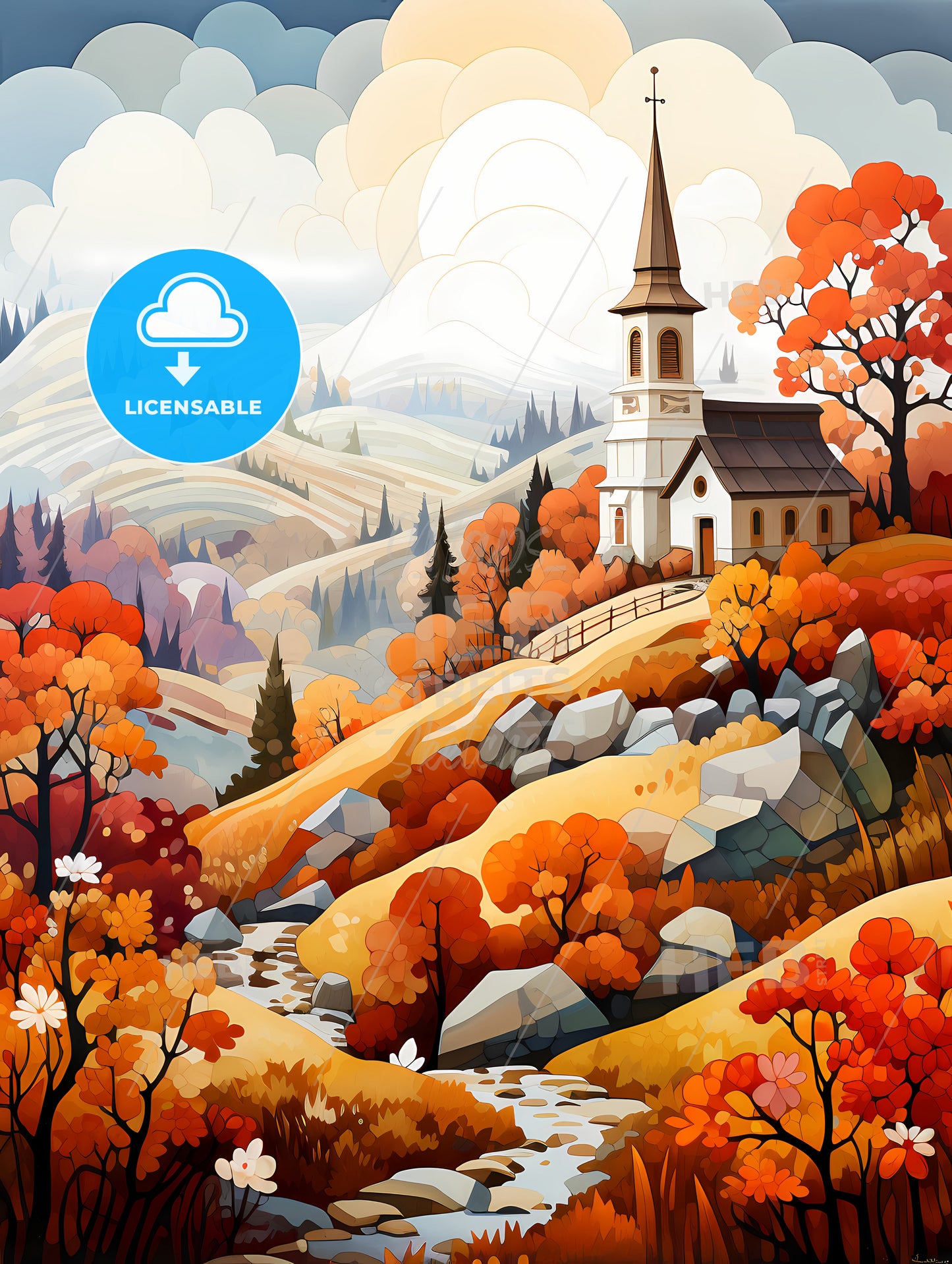 French Autumn - A Church On A Hill With Trees And Hills In The Background