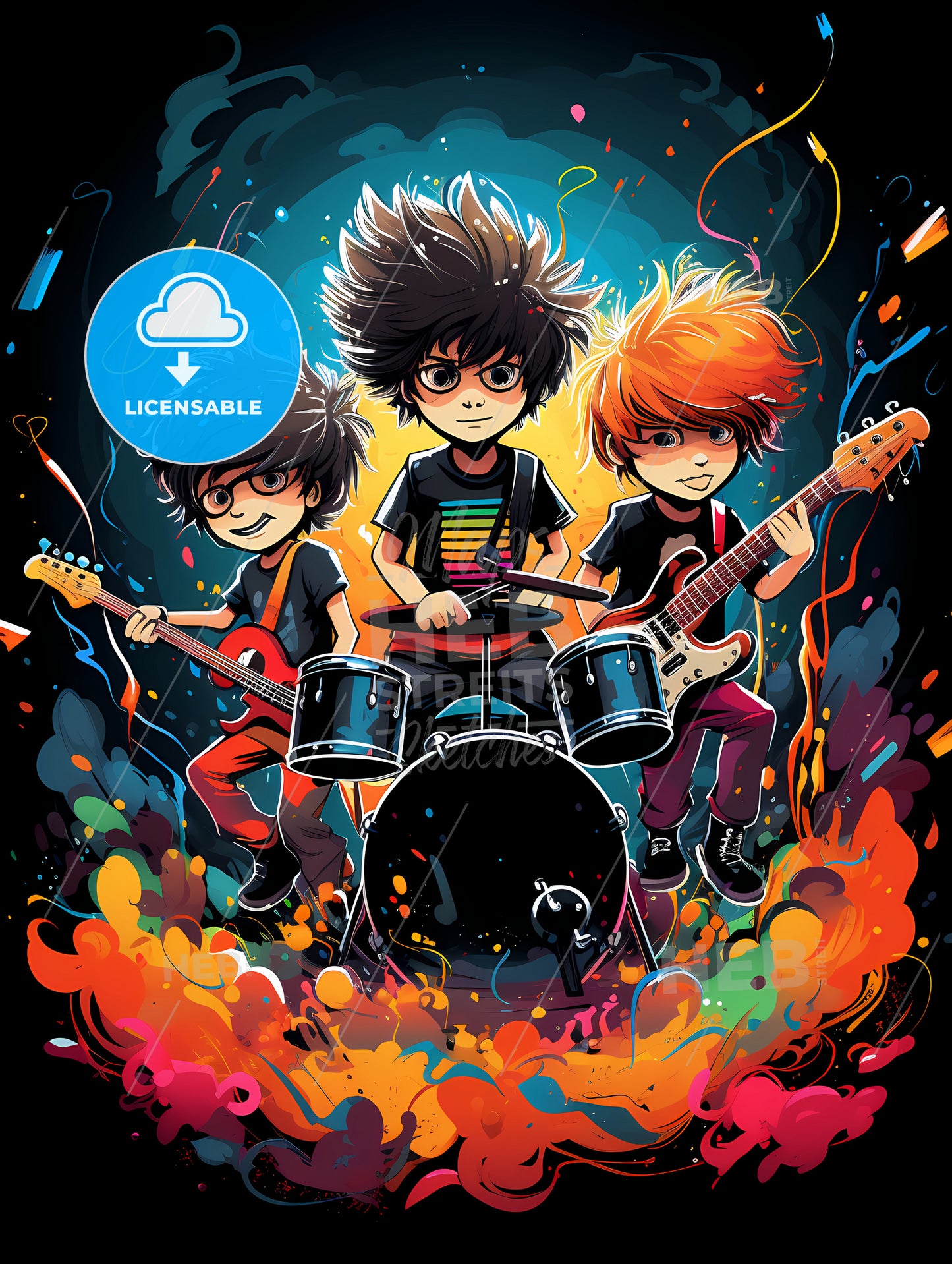 Youth Band - A Group Of Cartoon Boys Playing Instruments