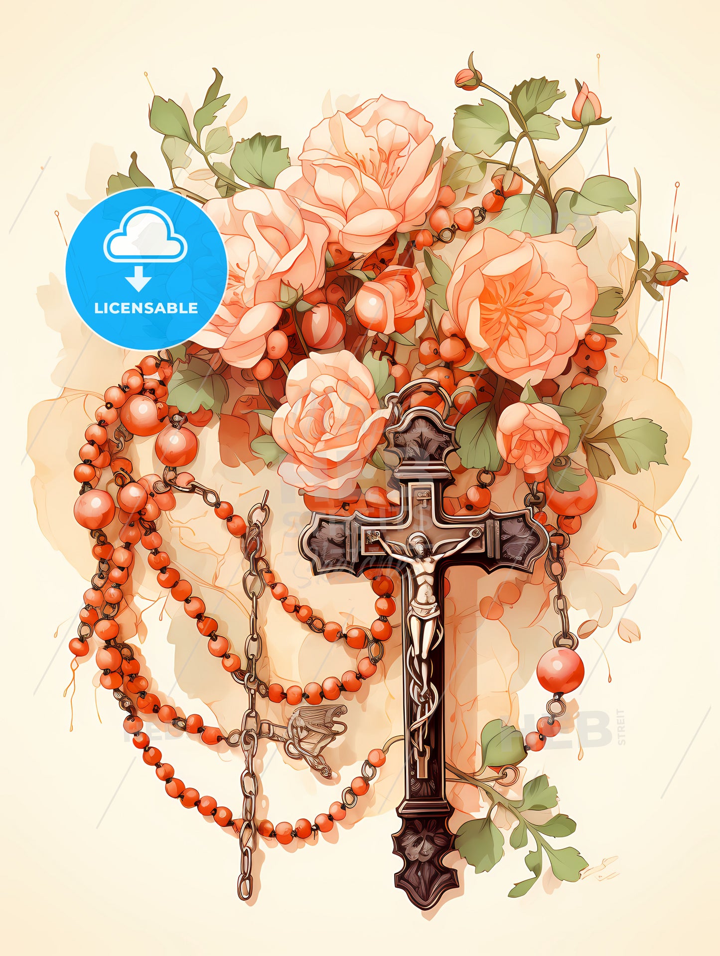 Christ - A Cross With A Rosary And Flowers