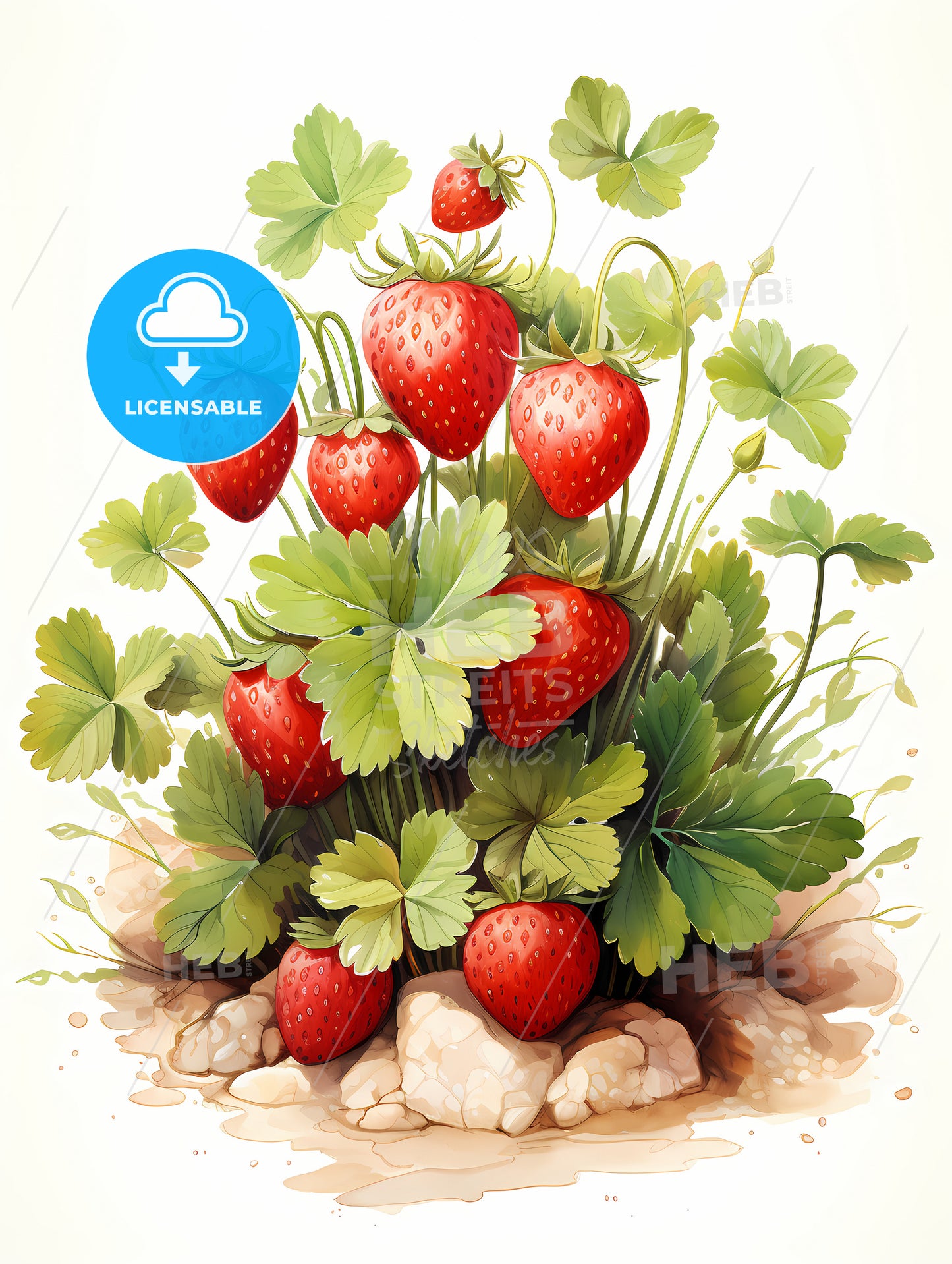 A Painting Of A Plant With Red Berries And Leaves