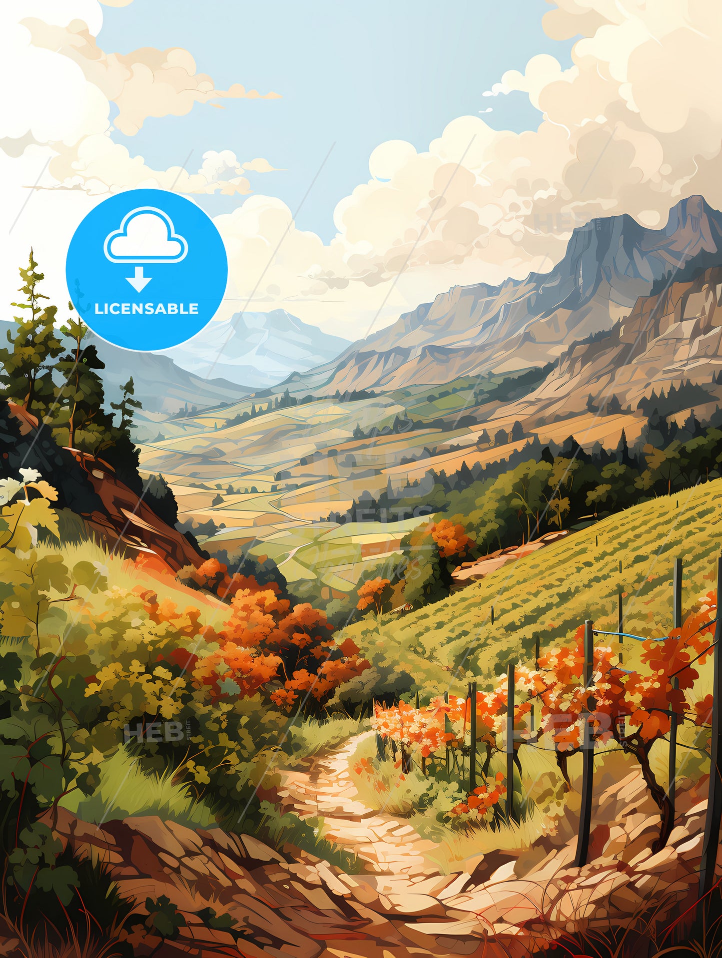 A Landscape Of A Valley With Trees And Mountains