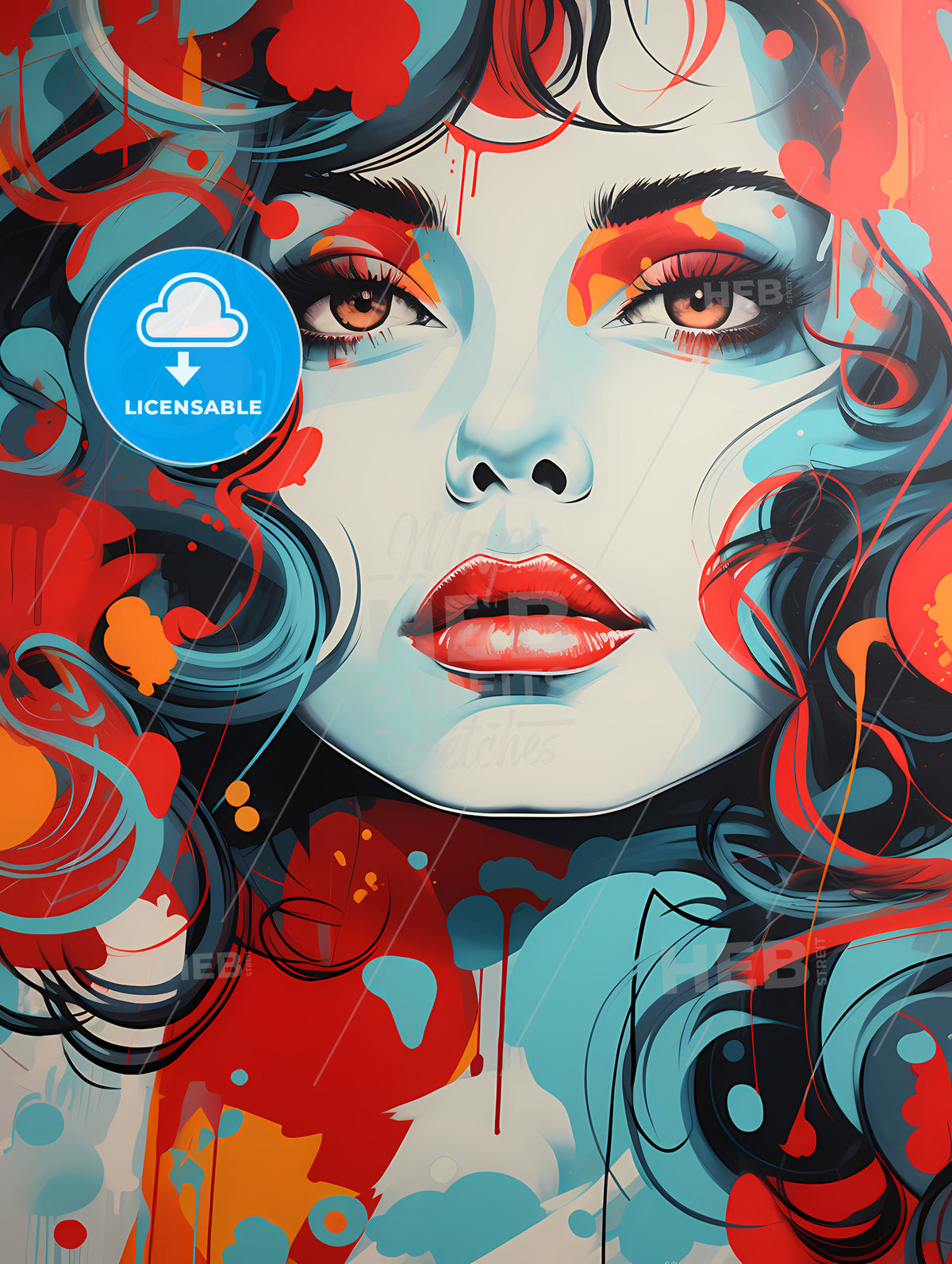 Styling - A Painting Of A Woman With Red Lips And Blue Eyes