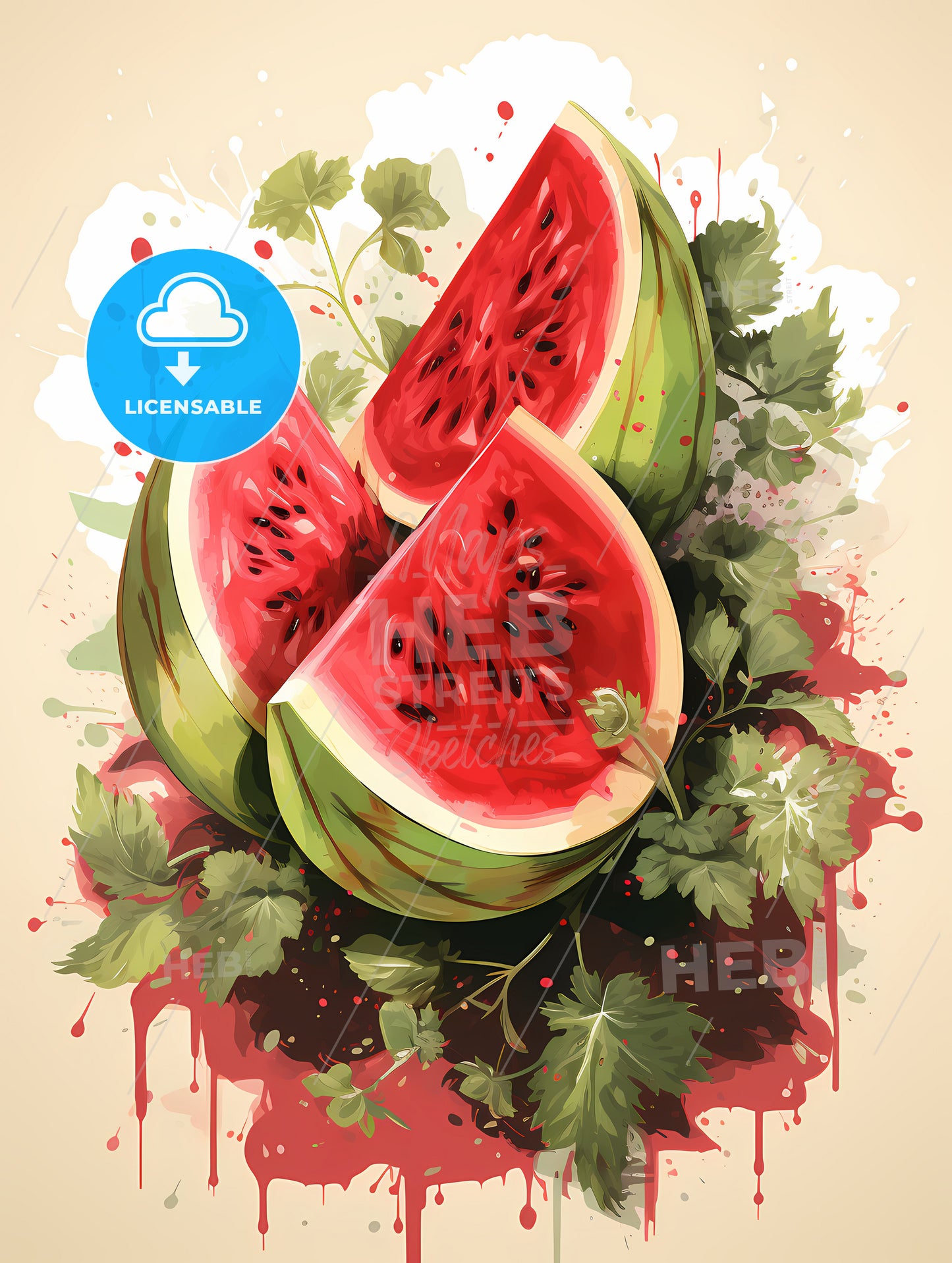 A Watermelon With Leaves And Red Spots