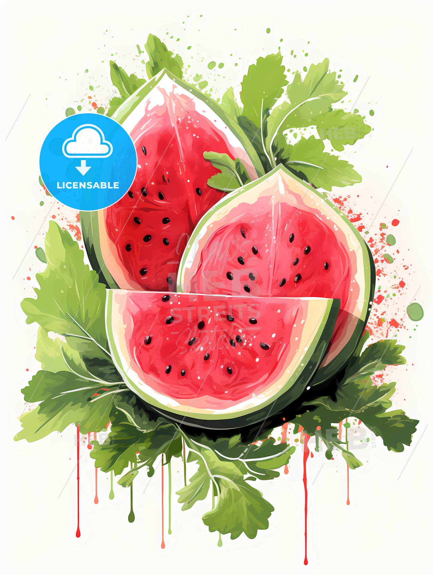 Watermelon Slices With Leaves And Splatter Paint On Them