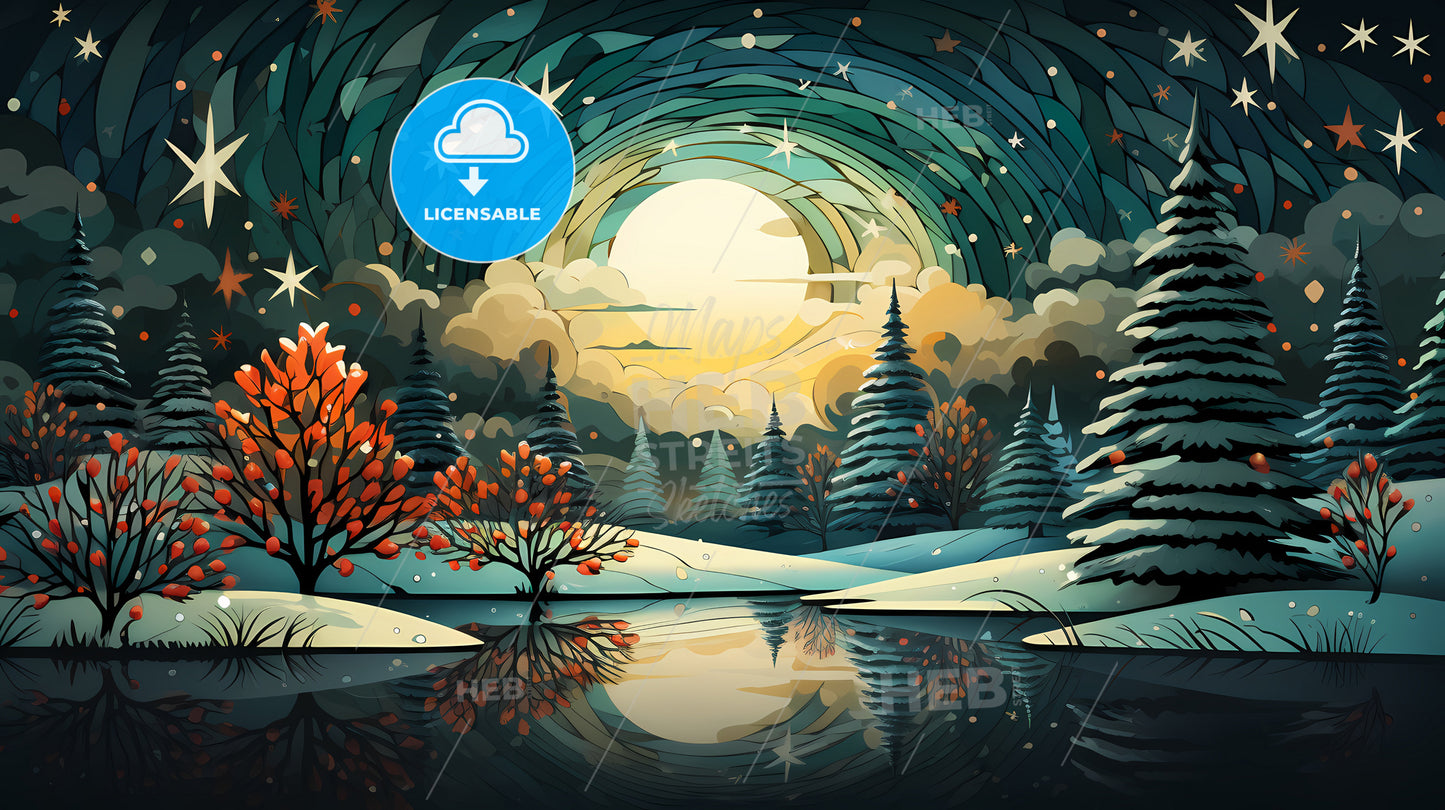 Holiday Greetings - A Landscape With Trees And Snow And A Lake