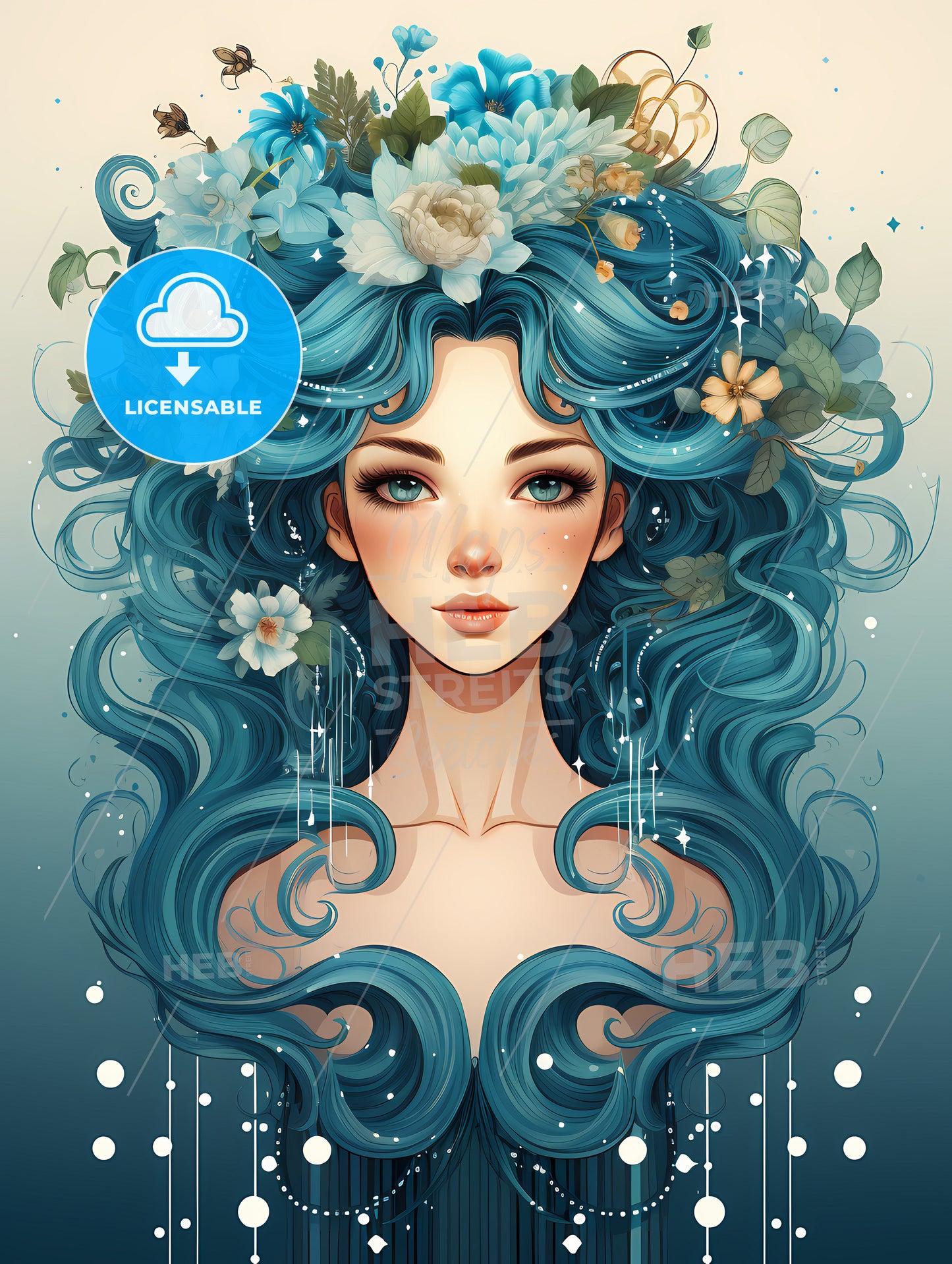 A Woman With Blue Hair And Flowers In Her Hair